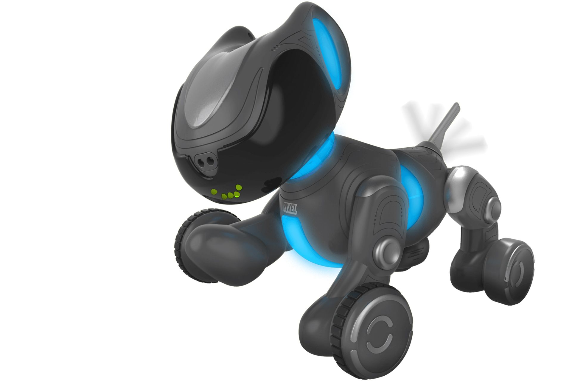 ربات سگ نمای Pyxel به رنگ آبی و در حال تکان دادن دم