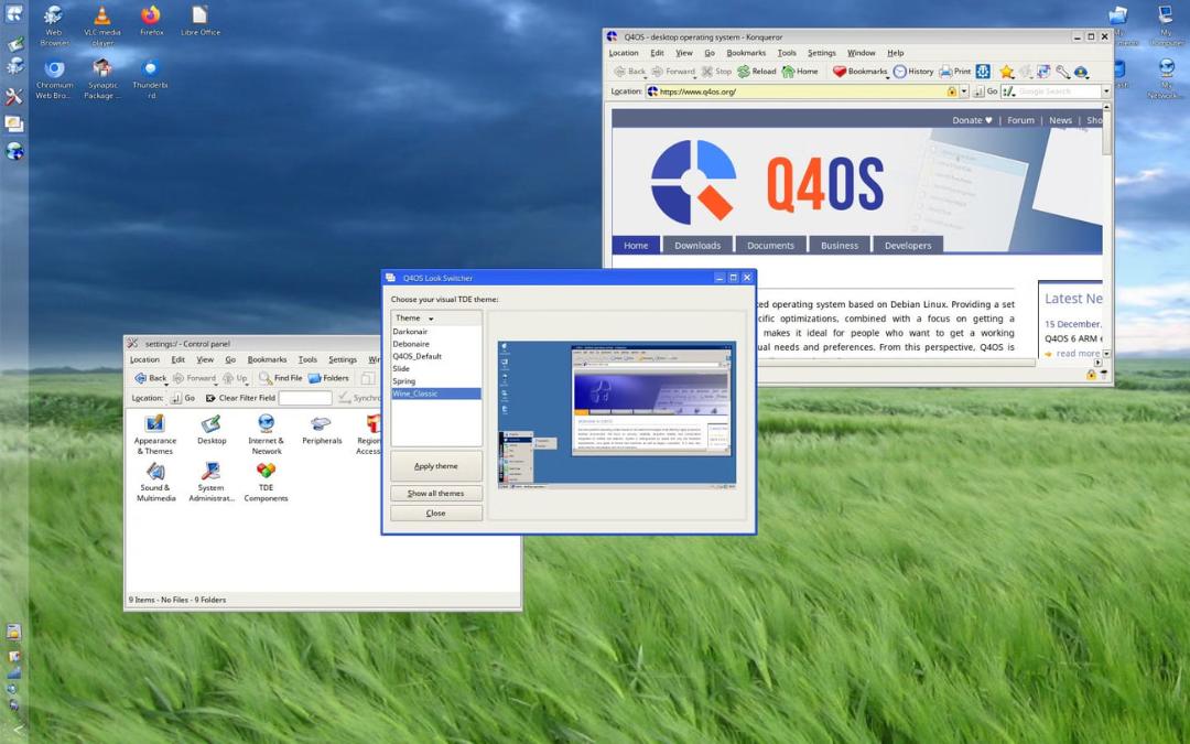 رابط کاربری سیستم‌عامل Q4OS (Q4OS) با تم کلاسیک و مشابه ویندوز