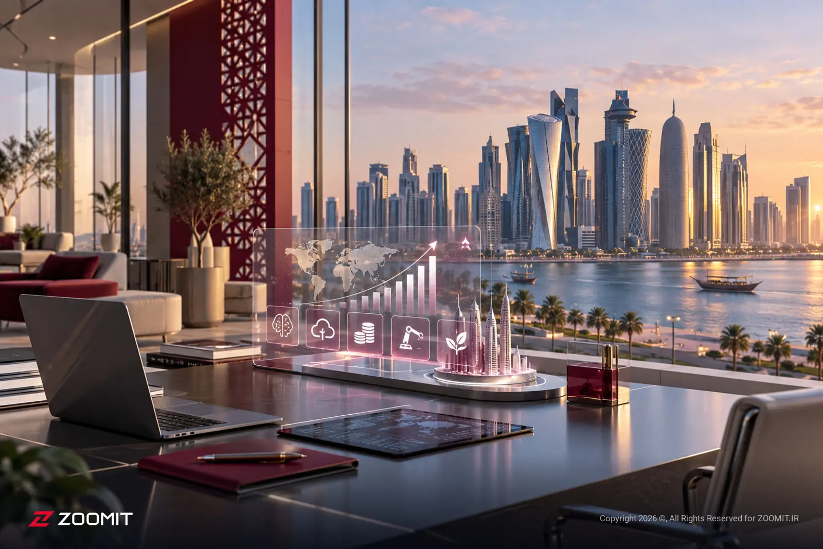 نمای افقی خط آسمان دوحه (Doha) با نمودارهای دیجیتال مربوط به استارتاپ‌ها