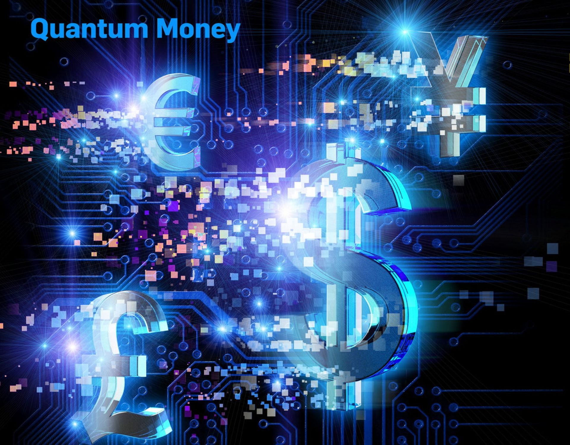 پول کوانتومی، علامت دلار، یورو و پوند با درخشش ذرات کوانتوم