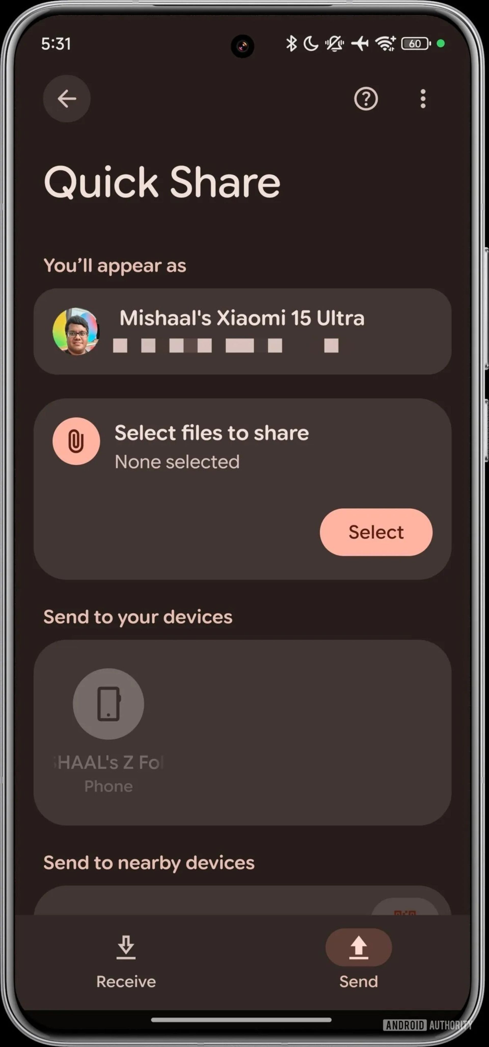 صفحه‌ی پیش‌فرض بخش ارسال Quick Share سامسونگ