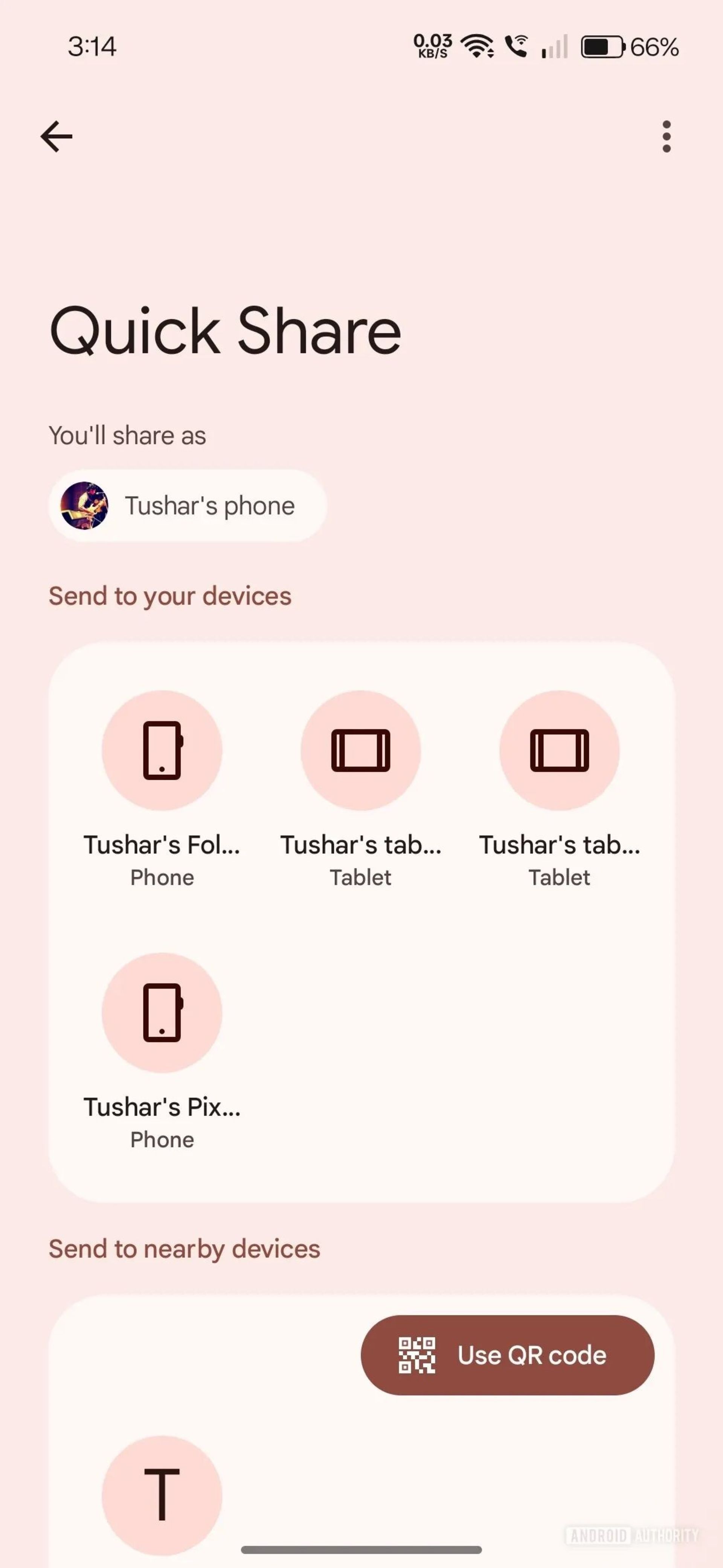 صفحه‌ی ارسال قدیمی Quick Share سامسونگ