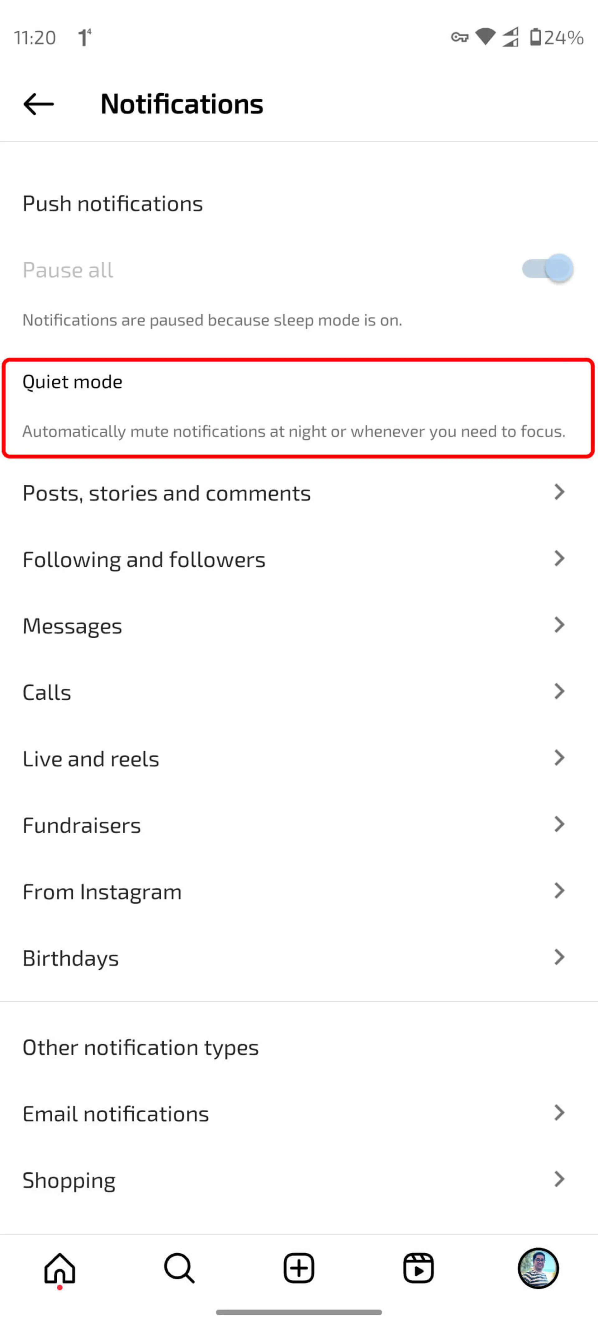 انتخاب گزینه quiet mode اینستاگرام
