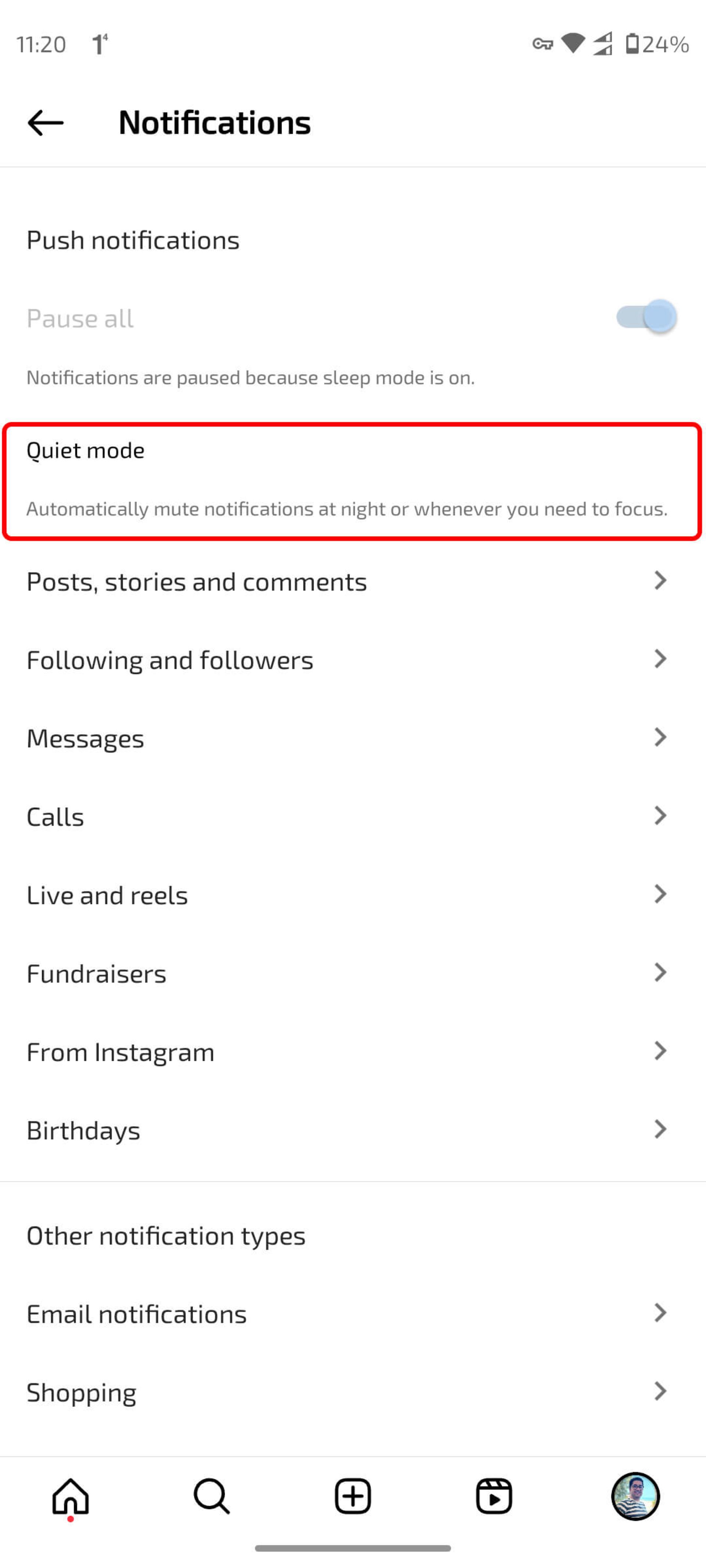 انتخاب گزینه quiet mode اینستاگرام