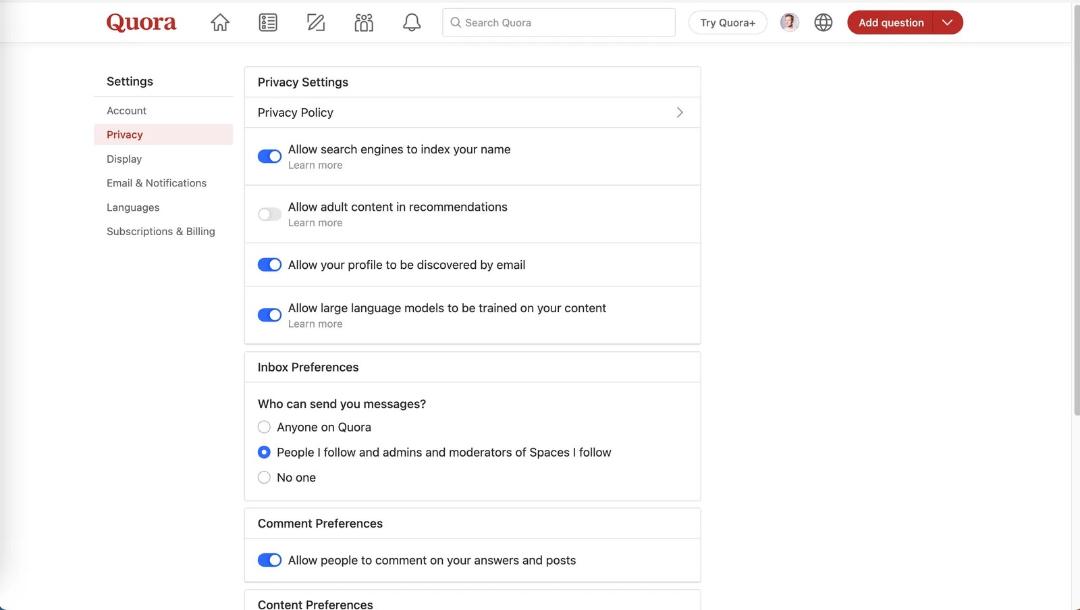 صفحه حریم خصوصی Quora