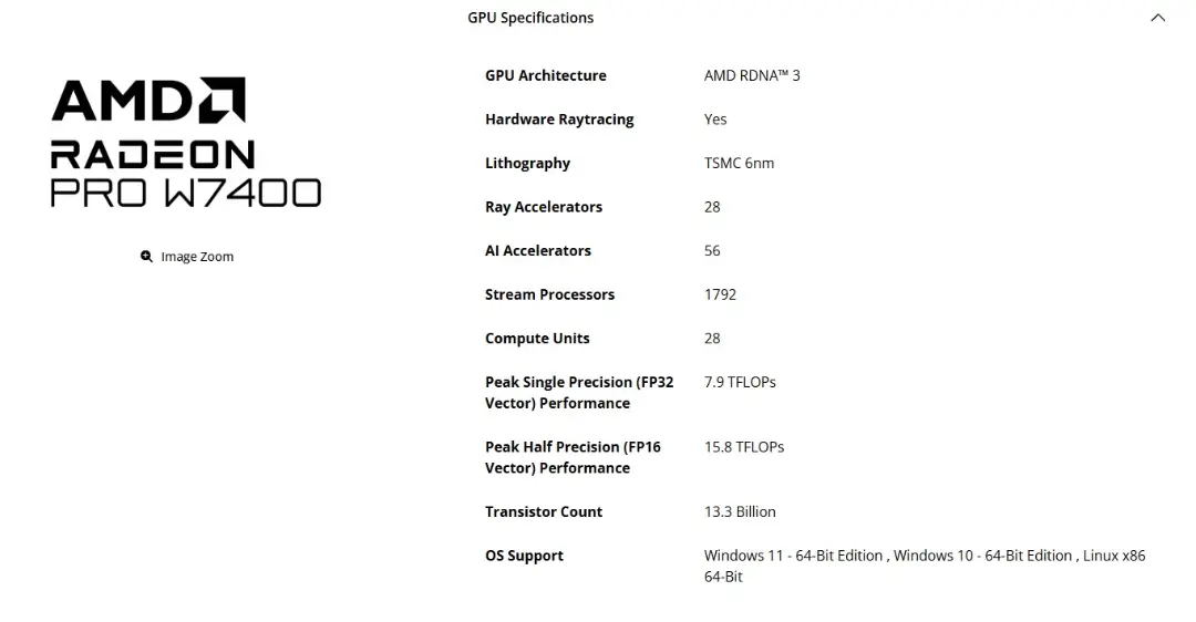 مشخصات کارت گرافیک Radeon PRO W7400
