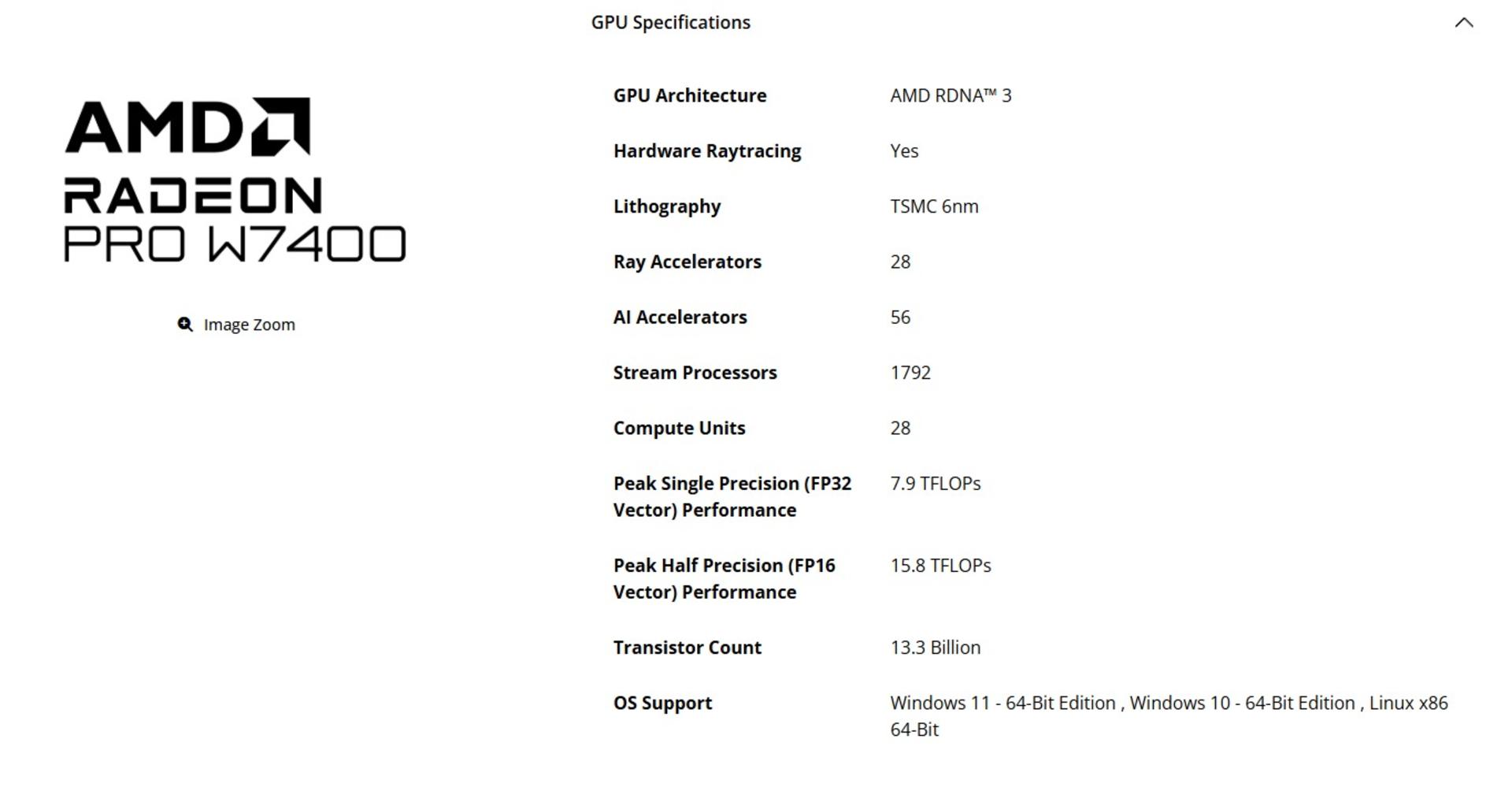 مشخصات کارت گرافیک Radeon PRO W7400