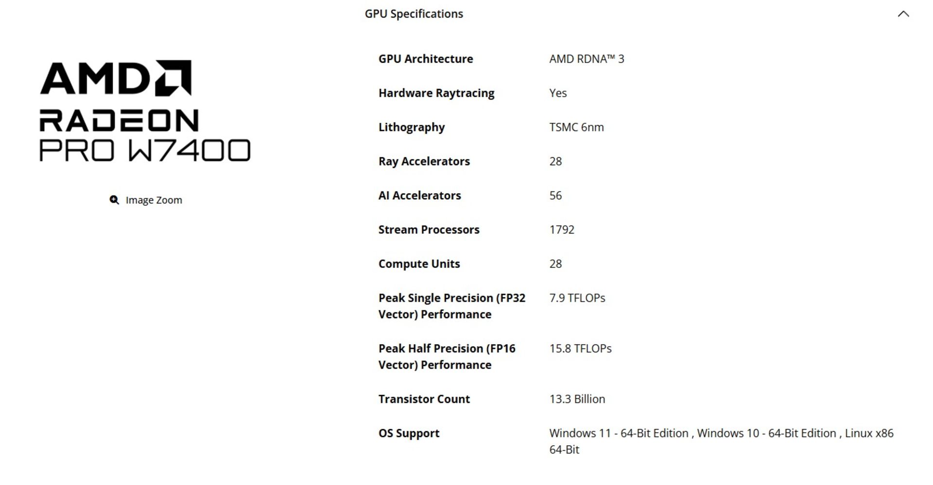 مشخصات کارت گرافیک Radeon PRO W7400