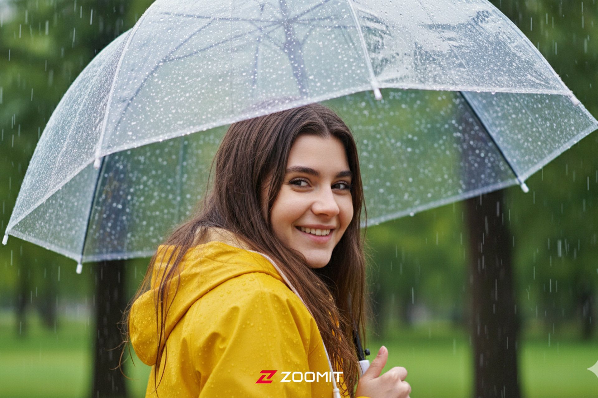 یک زن با بارانی زرد رنگ و چتر شفاف در حال لبخند زدن زیر باران 