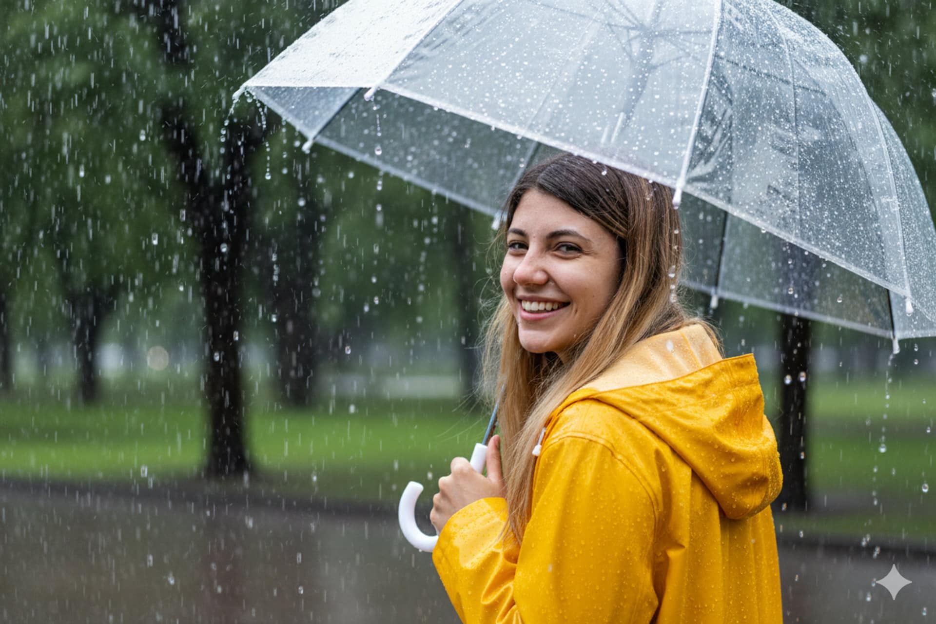 یک زن با بارانی زرد رنگ و چتر شفاف در حال لبخند زدن زیر باران 