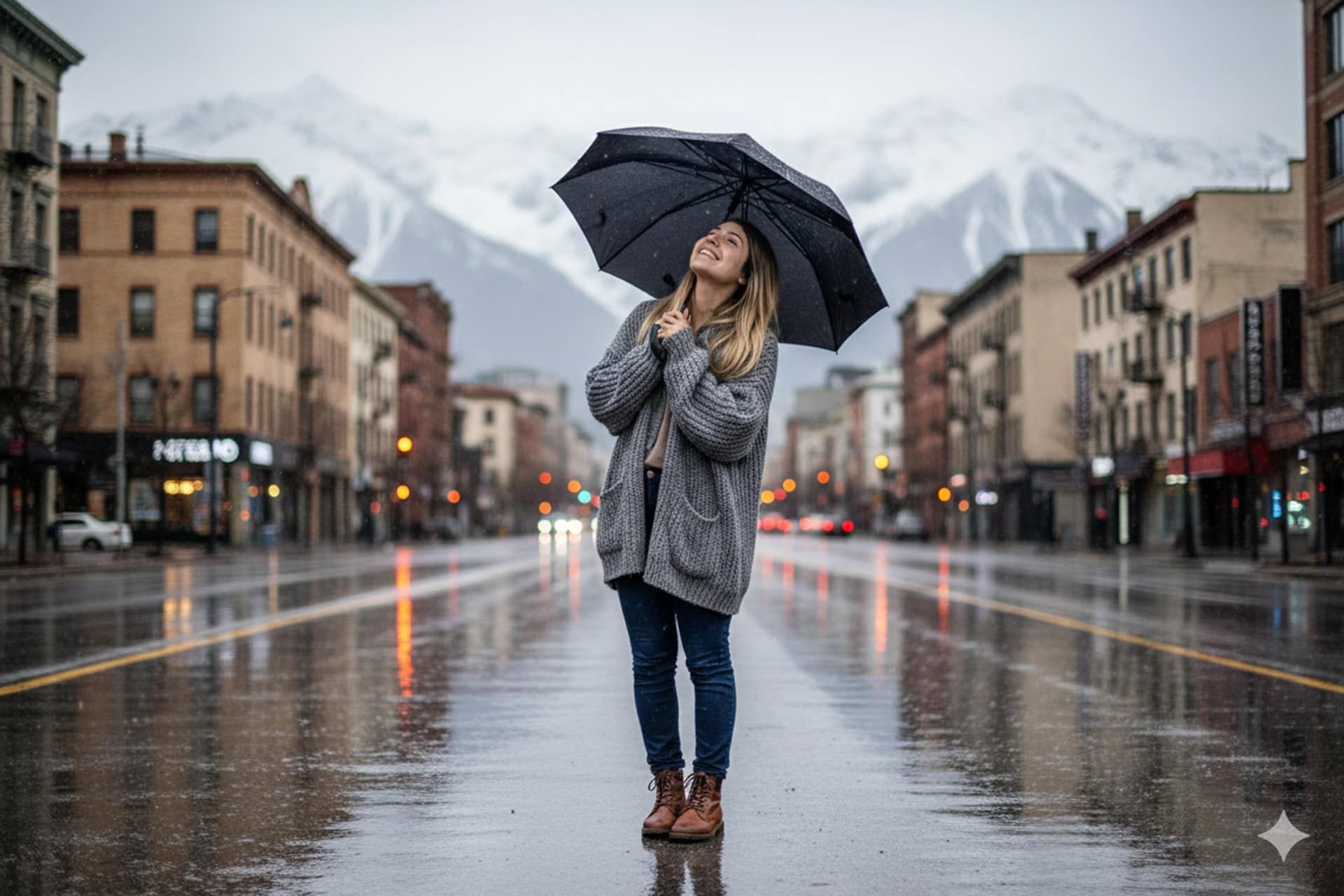 یک زن با سویشرت بافتنی و چتر مشکی زیر باران 