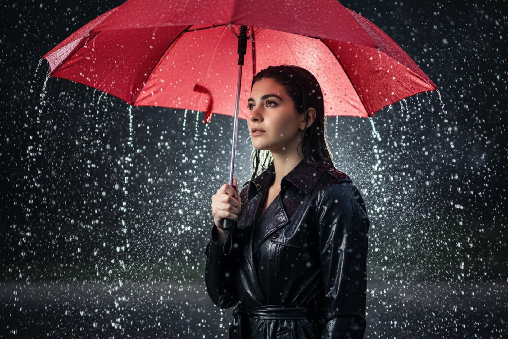 یک زن با کت چرم مشکی و چتر قرمز زیر باران 