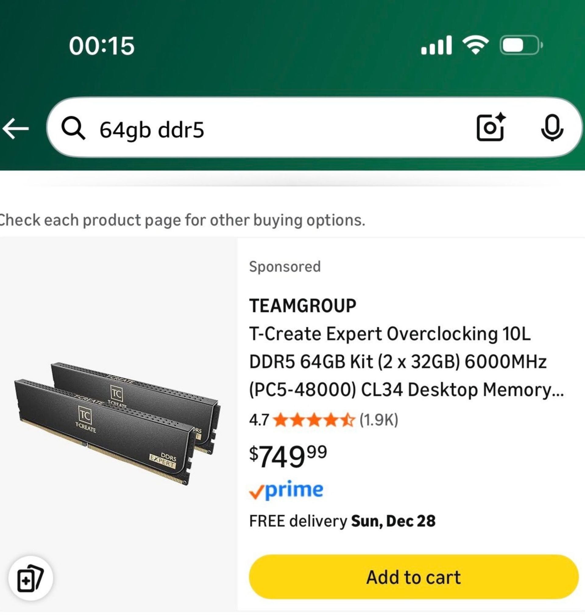 قیمت رم در یک فروشگاه آنلاین خارجی