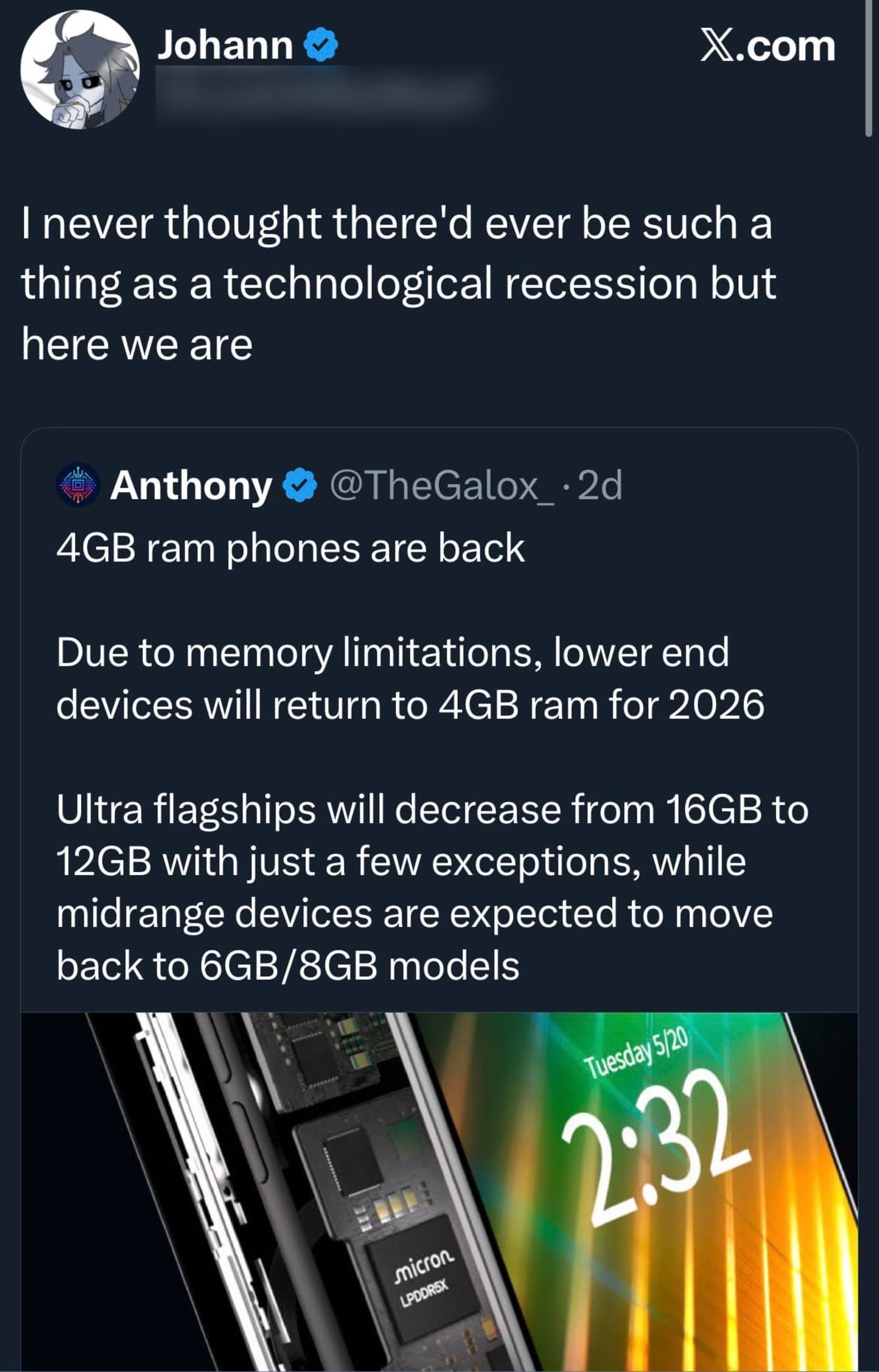 توییت درباره بازگشت موبایل‌ها به رم ۴ گیگابایت در سال ۲۰۲۶