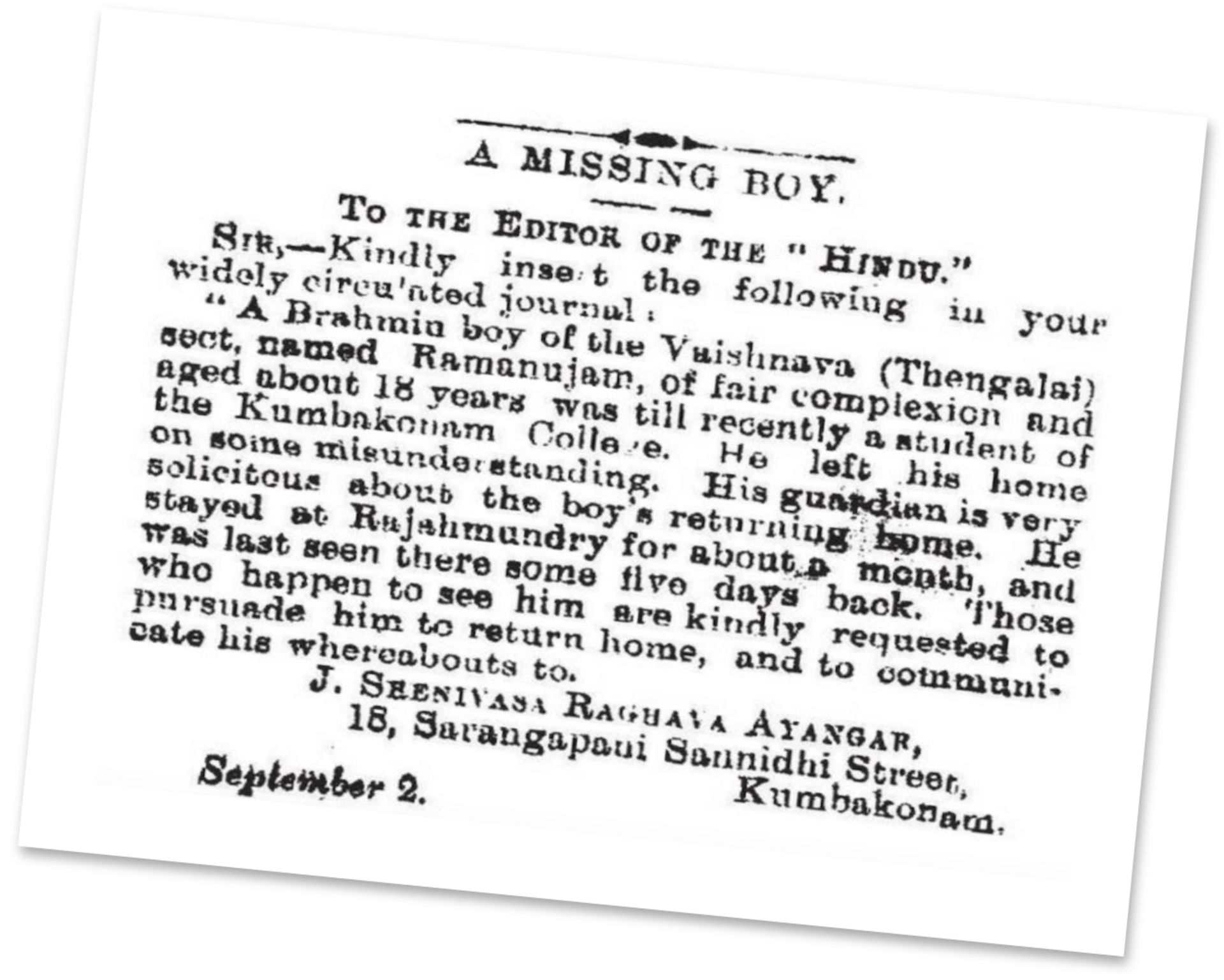 نامه گم‌شدن رامانوجان 