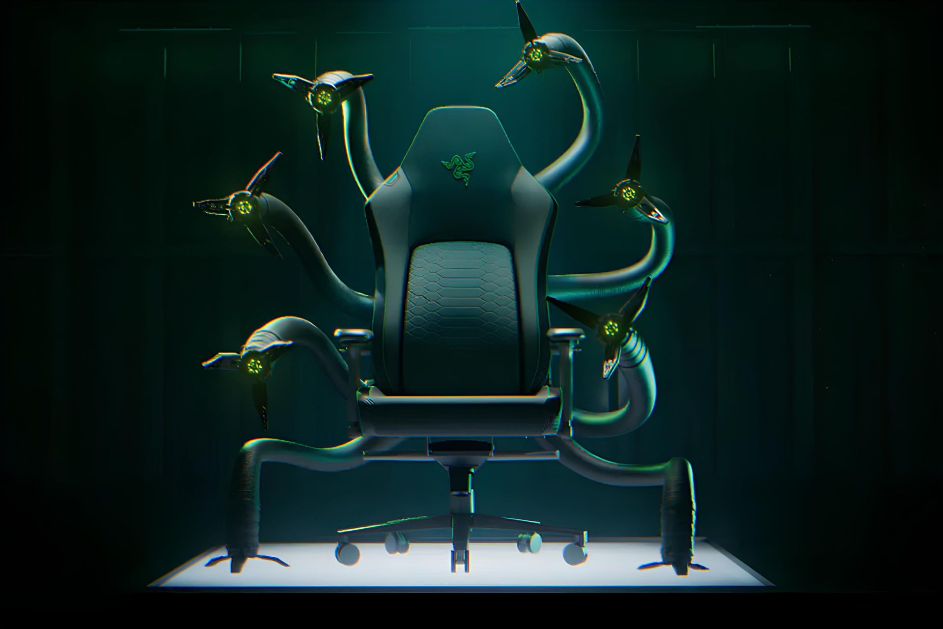 مدل مفهومی صندلی گیمینگ ریزر Cthulhu از نمای جلو و بازوهای رباتیک