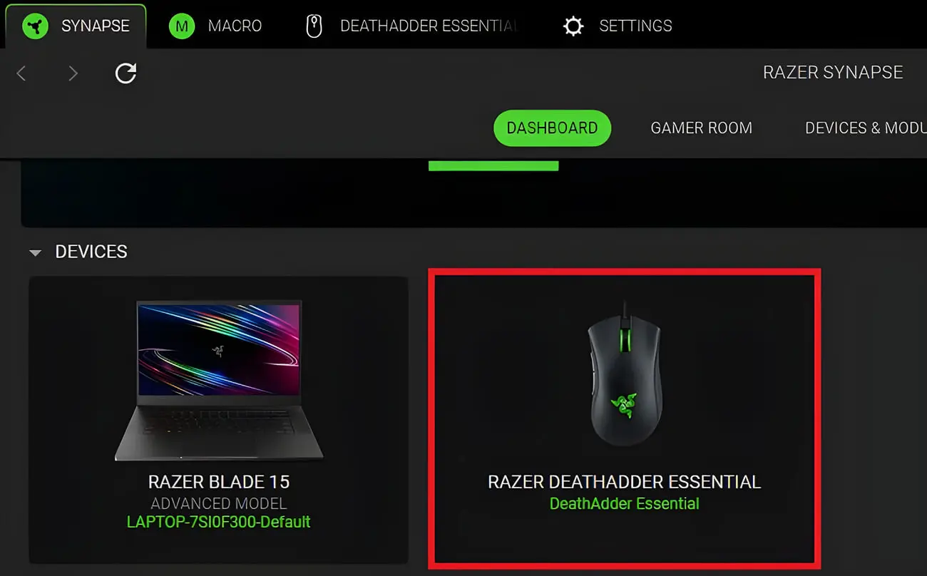 ماوس گیمینگ ریزر دث‌هدِر (Razer DeathAdder Essential) در نرم‌افزار سیناپس