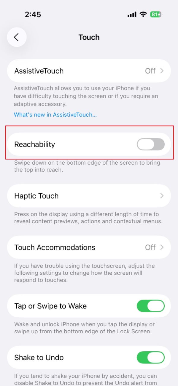خاموش کردن آپشن reachability در تنظیمات آیفون