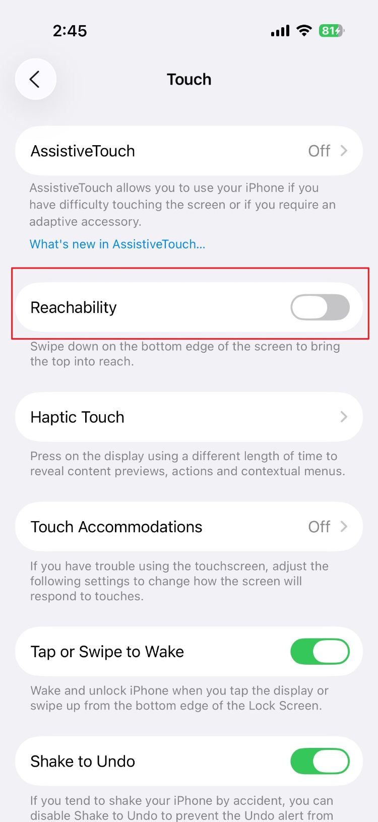 خاموش کردن آپشن reachability در تنظیمات آیفون
