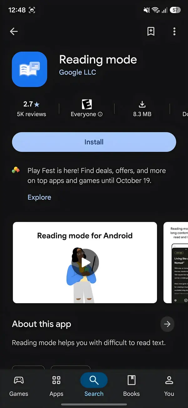 صفحه گوگل پلی برای اپلیکیشن Reading mode (Reading mode) از شرکت Google LLC