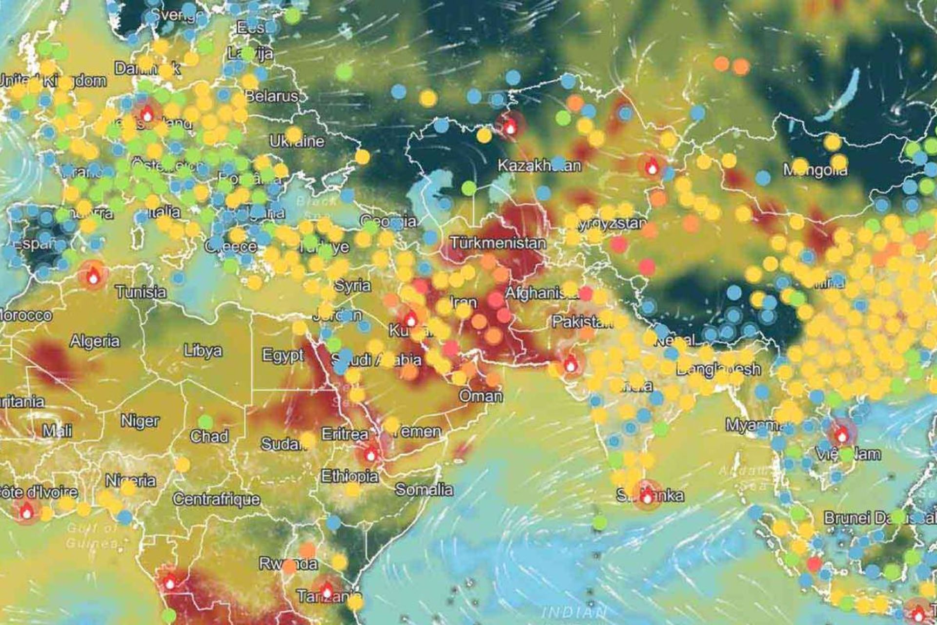 نقشه جهانی شاخص آلودگی هوا با ایران در مرکز تصویر