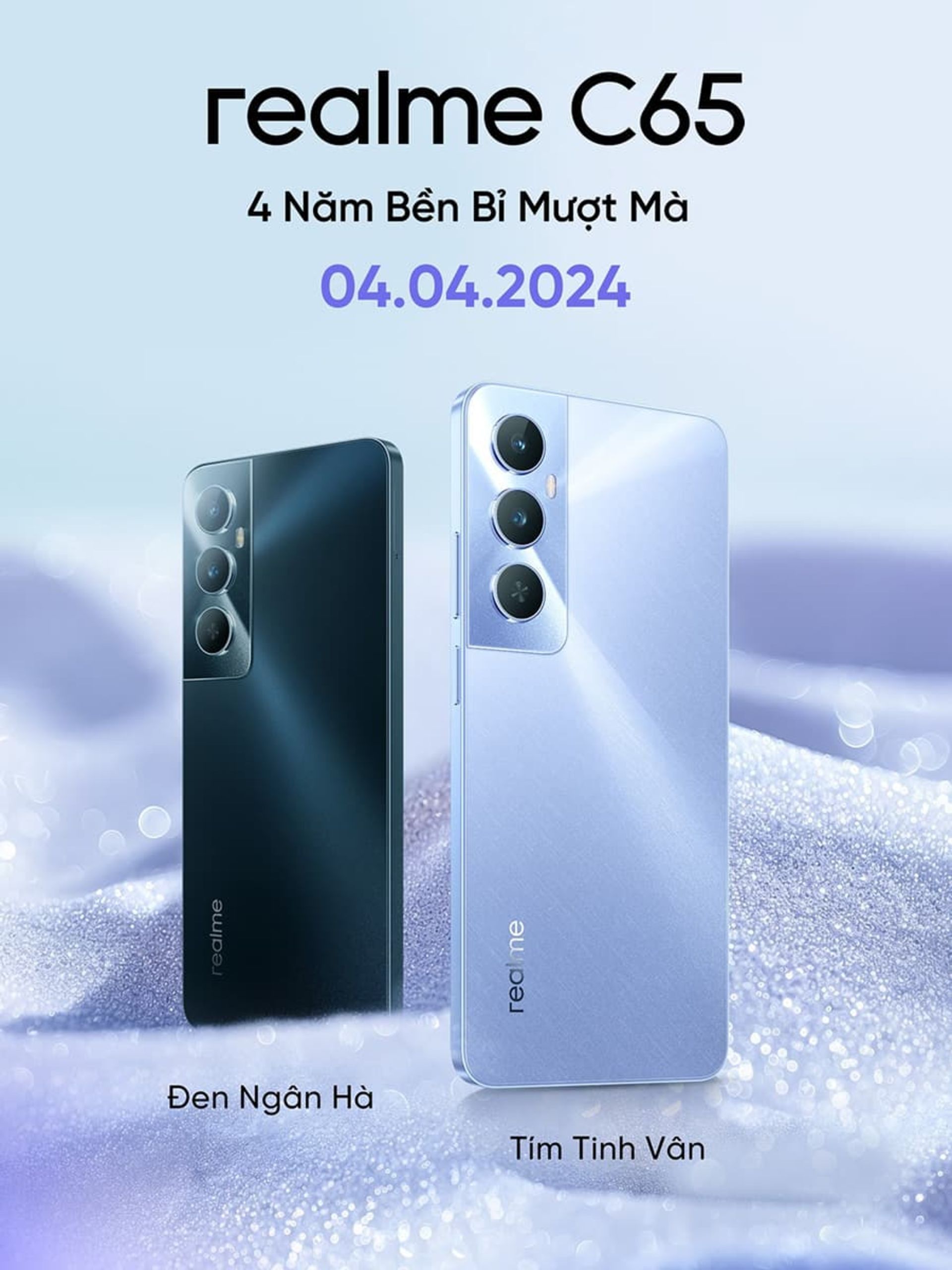 گوشی Realme C65 در دو رنگ مشکی و بنفش کم رنگ