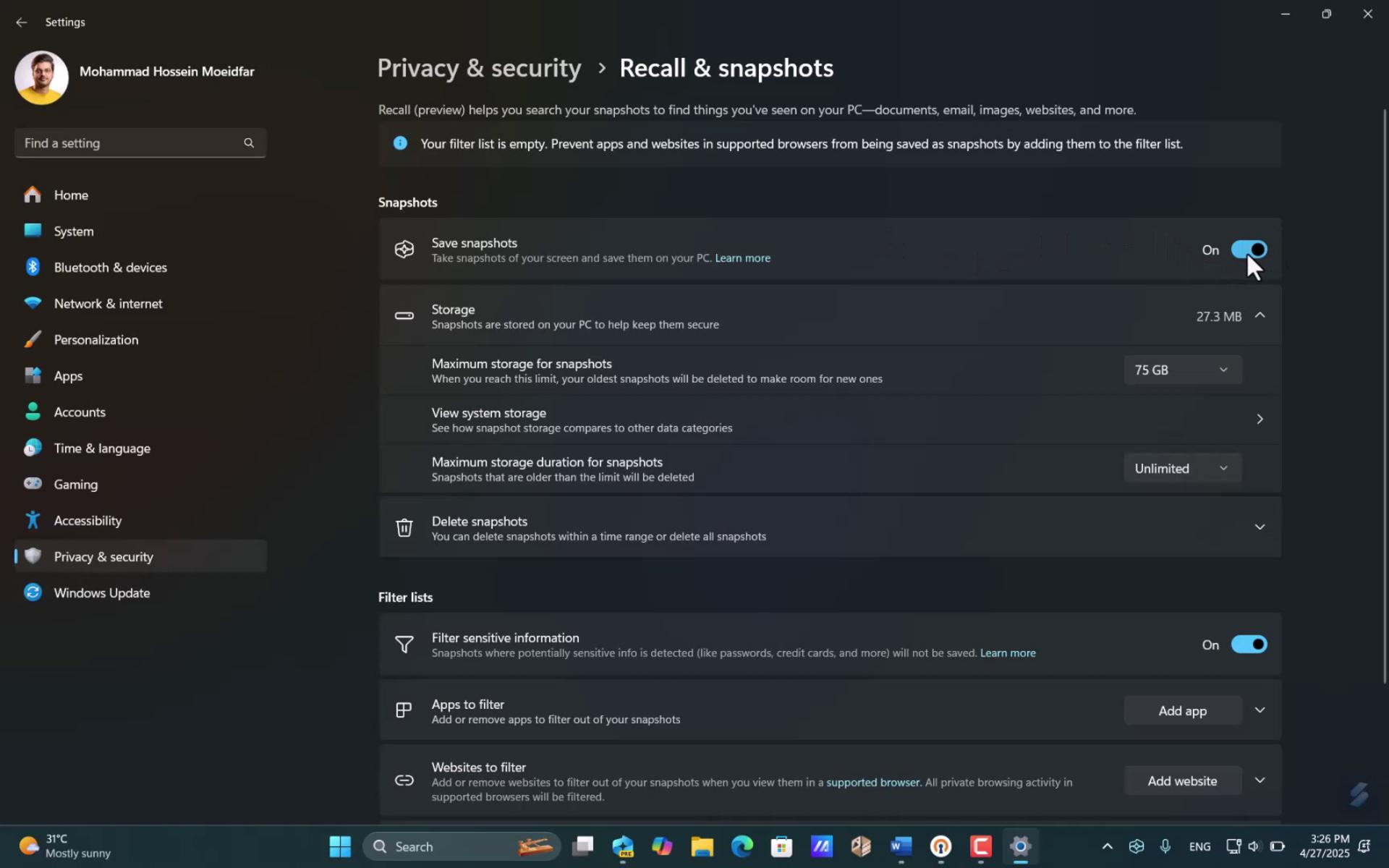 تنظیمات امنیتی ریکال ویندوز ۱۱