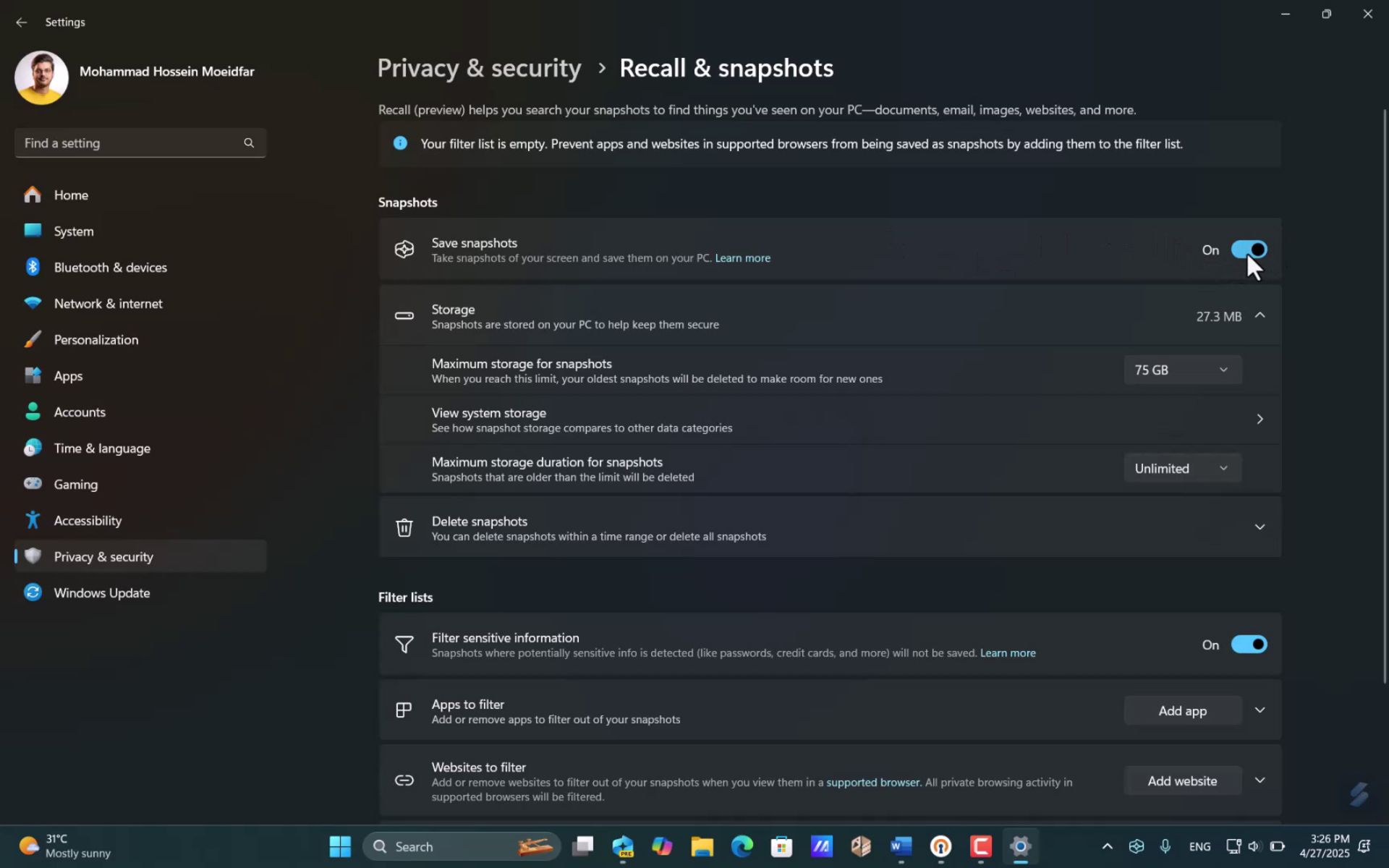 تنظیمات امنیتی ریکال ویندوز ۱۱