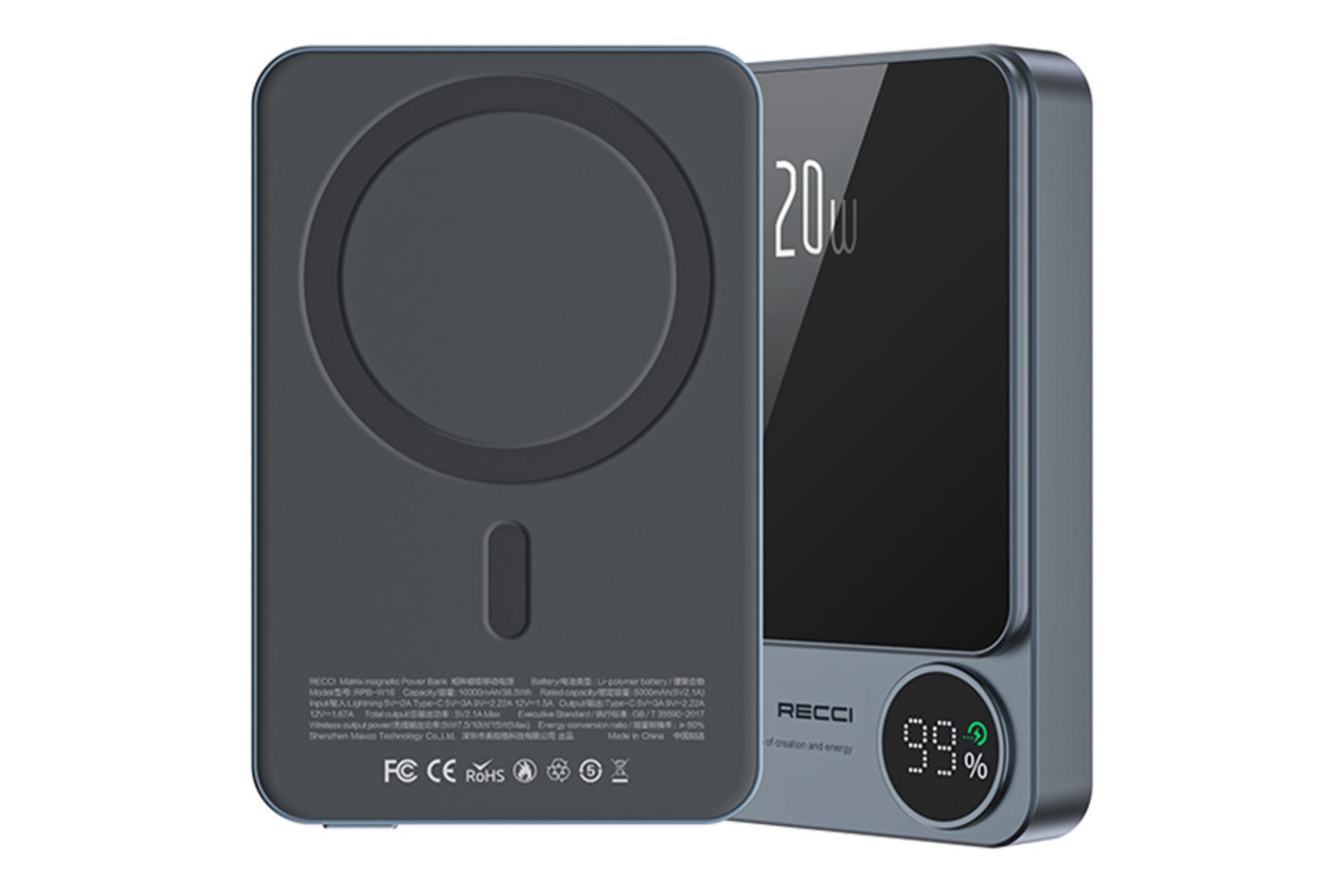 نمای کناری پاور بانک رسی Recci RPB-W16 10000mAh
