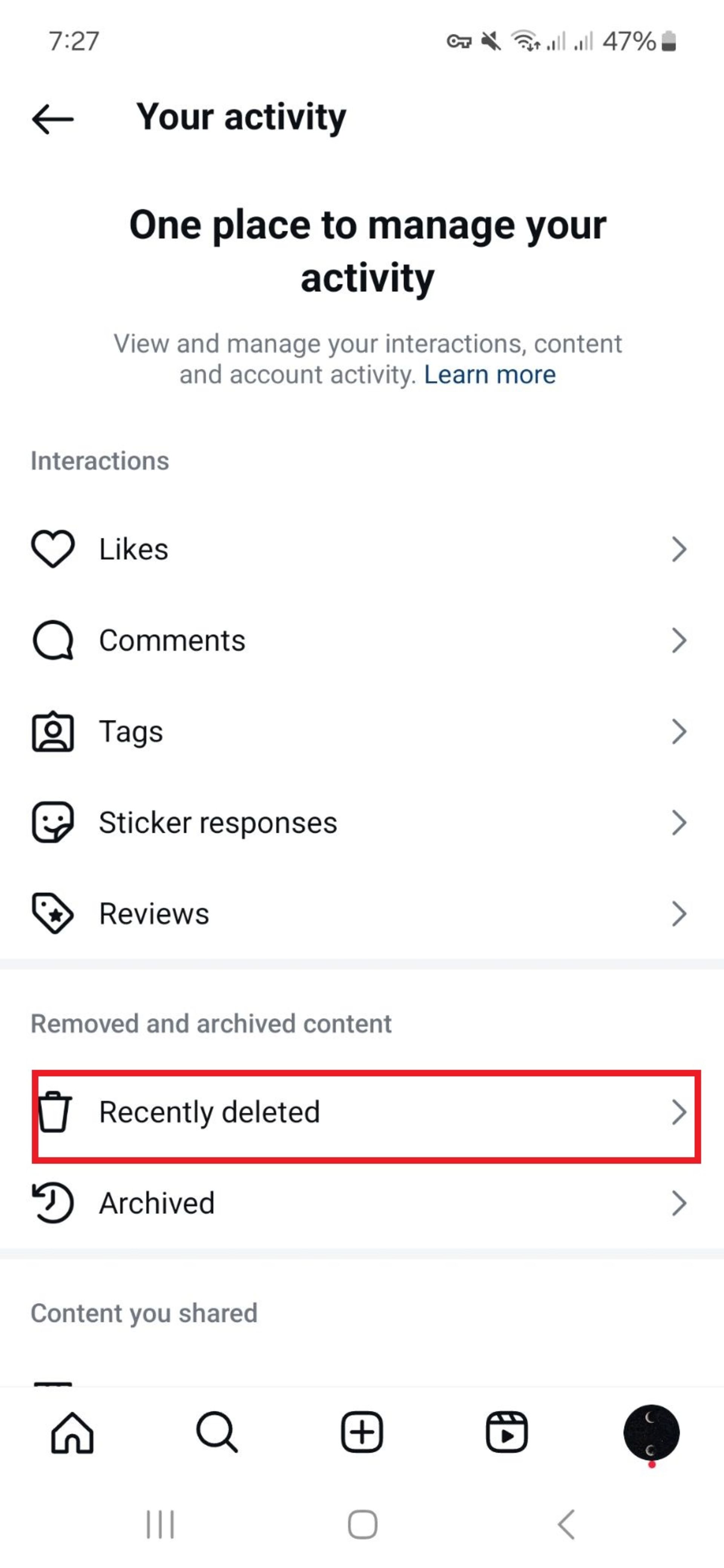 گزینه‌ی recently deleted در اینستاگرام