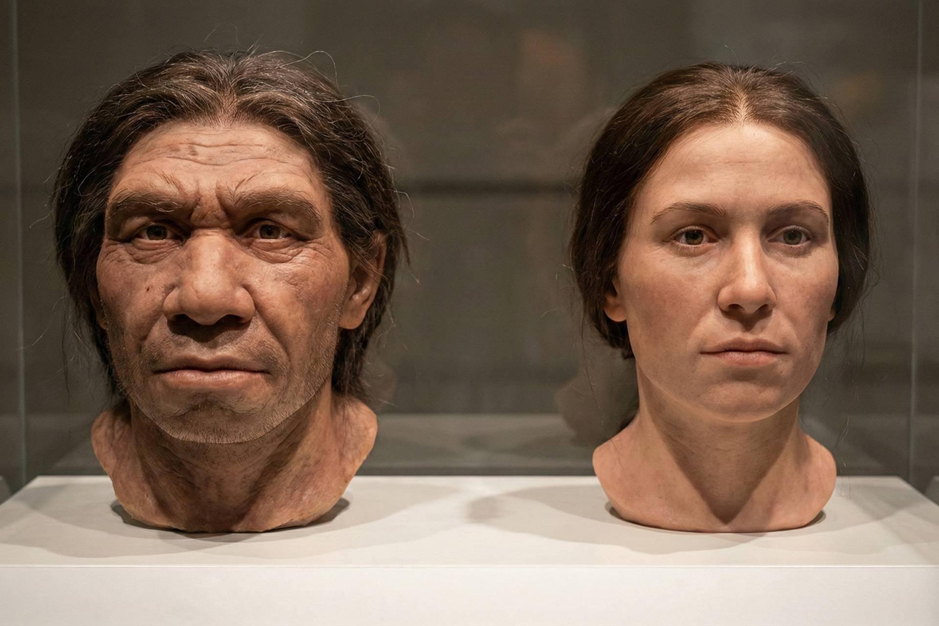 تصویرسازی چهره یک دنیسووا در کنار یک انسان مدرن، با اشاره به جمجمه مرد اژدهایی، در موزه.