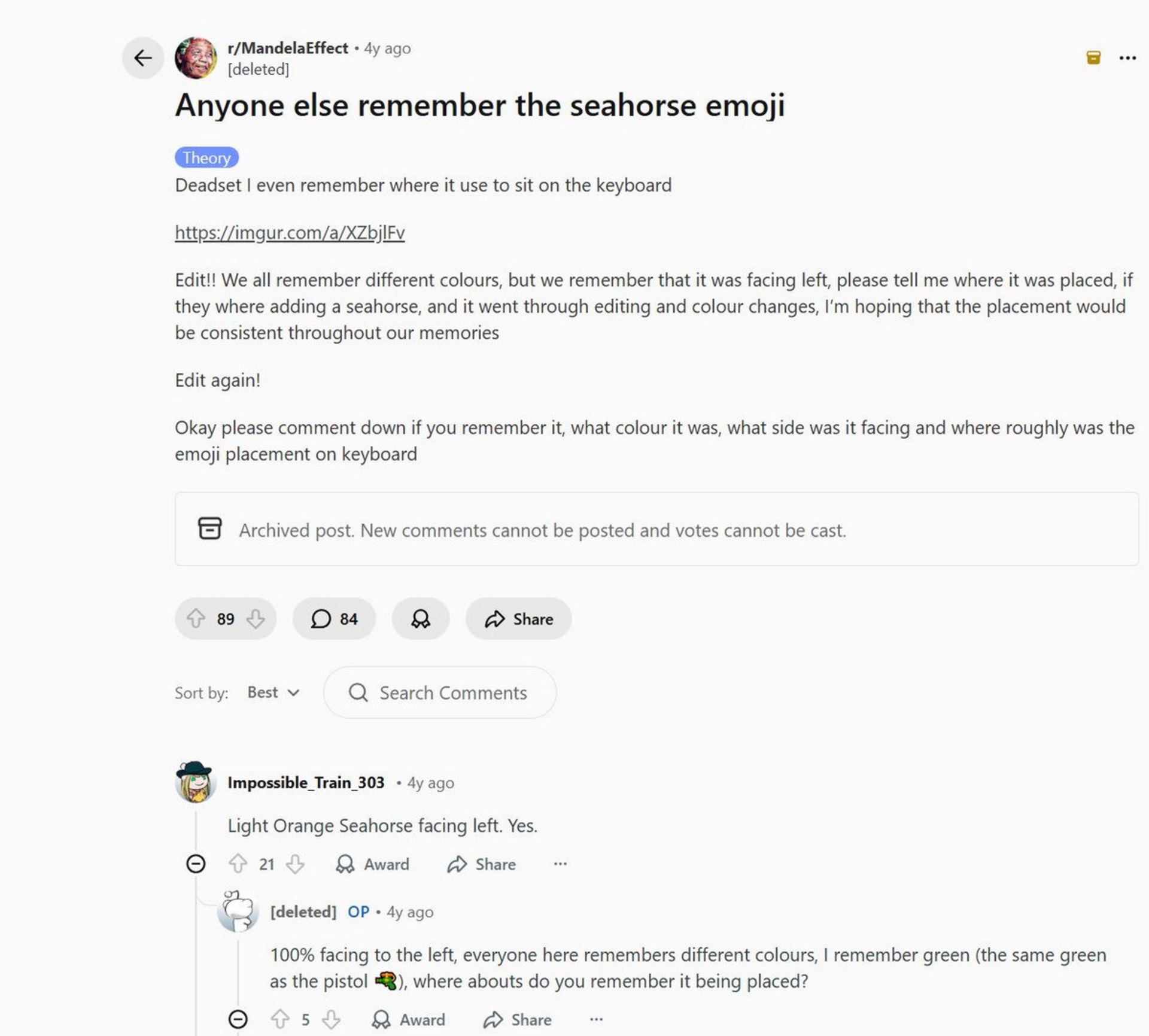 اسکرین‌شات رشته بحث ردیت در مورد ایموجی اسب دریایی مربوط به ۴ سال قبل