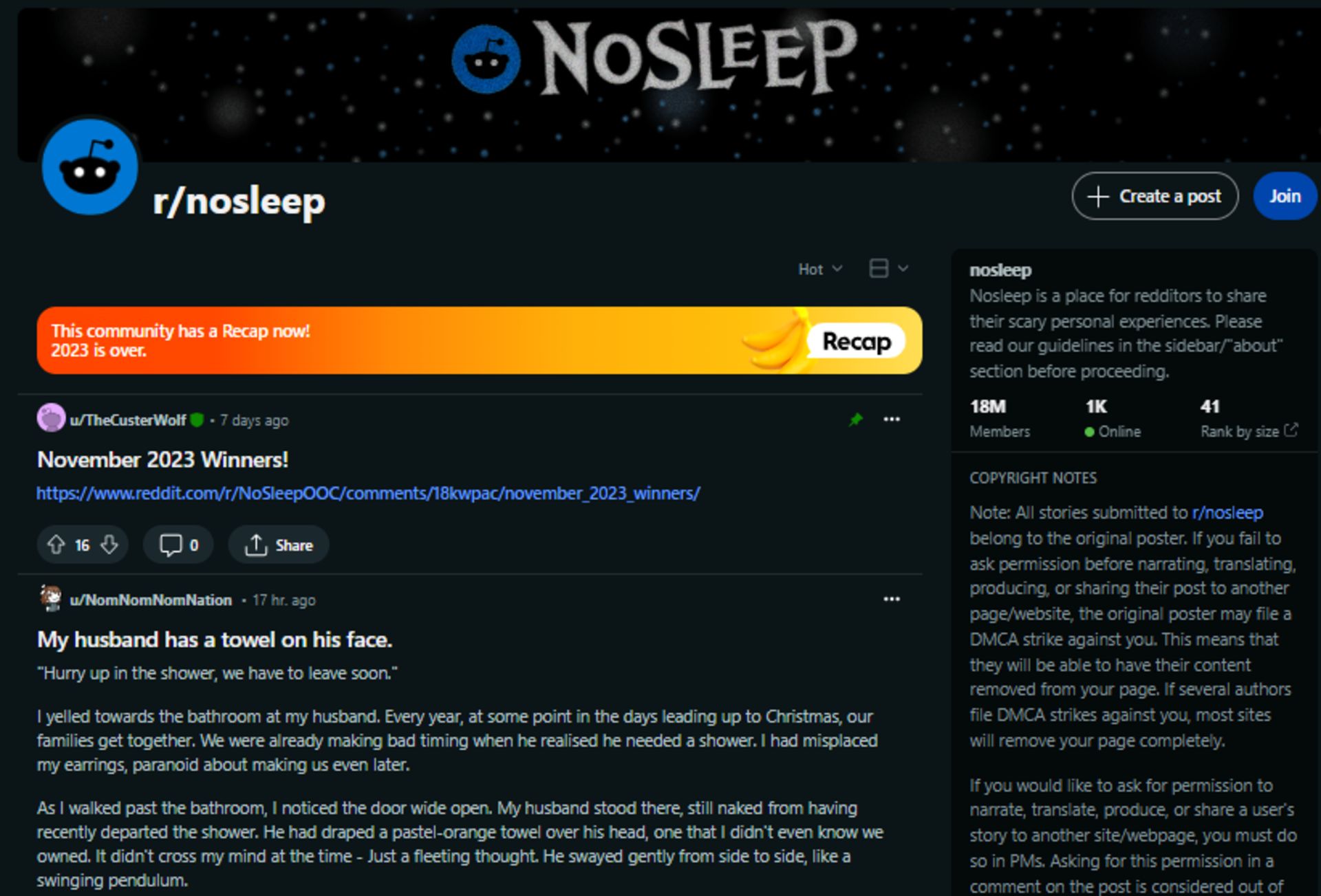 صفحه‌ی اصلی حساب کاربری ردیت با نام بی‌خواب nosleep