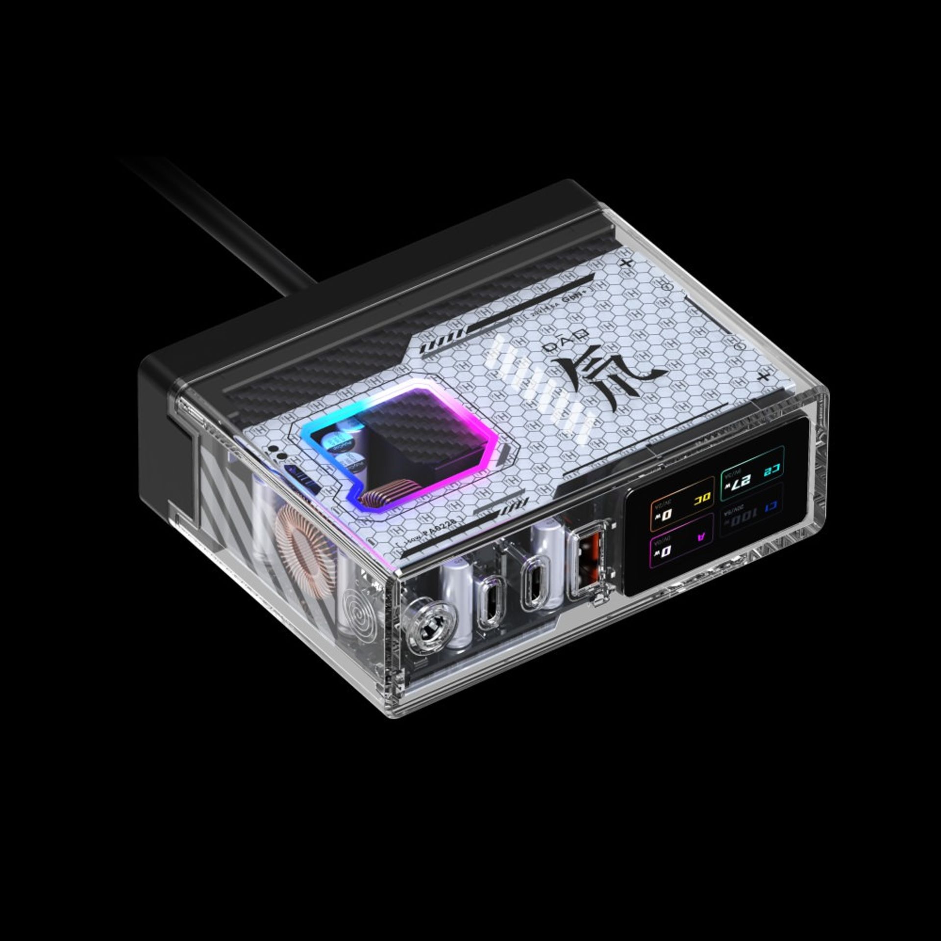 نمای شارژر گالیم نیترید dao 150w ردمجیک با قاب شفافبه همراه ماژول مبدل رومیزی