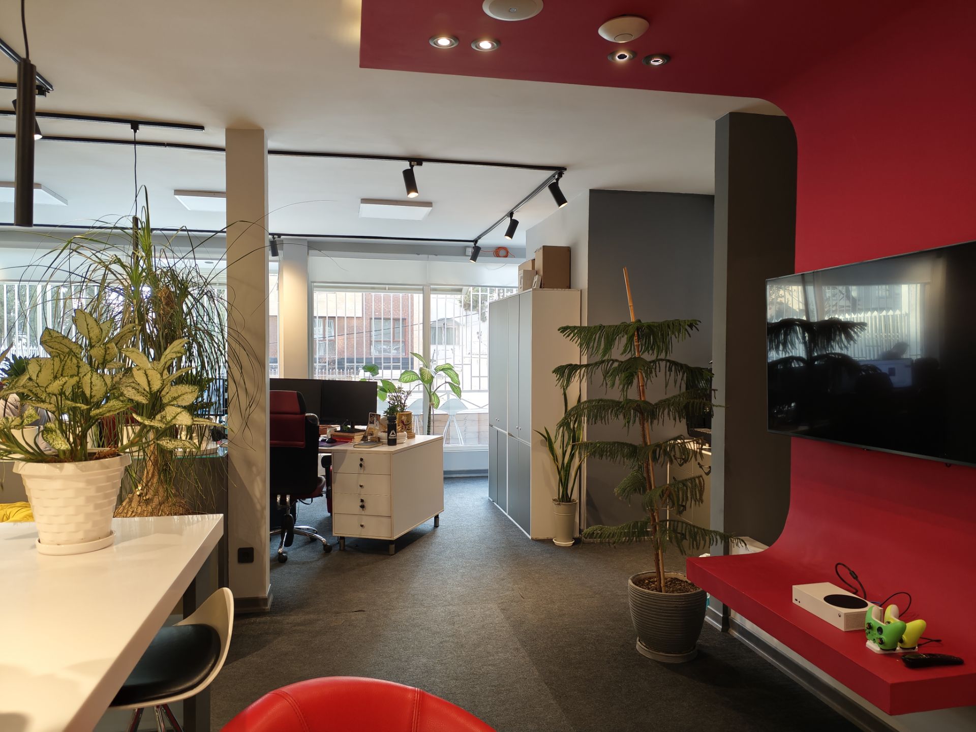 دفتر زومیت با نمای گل در سمت چپ و تلویزیون در سمت راست