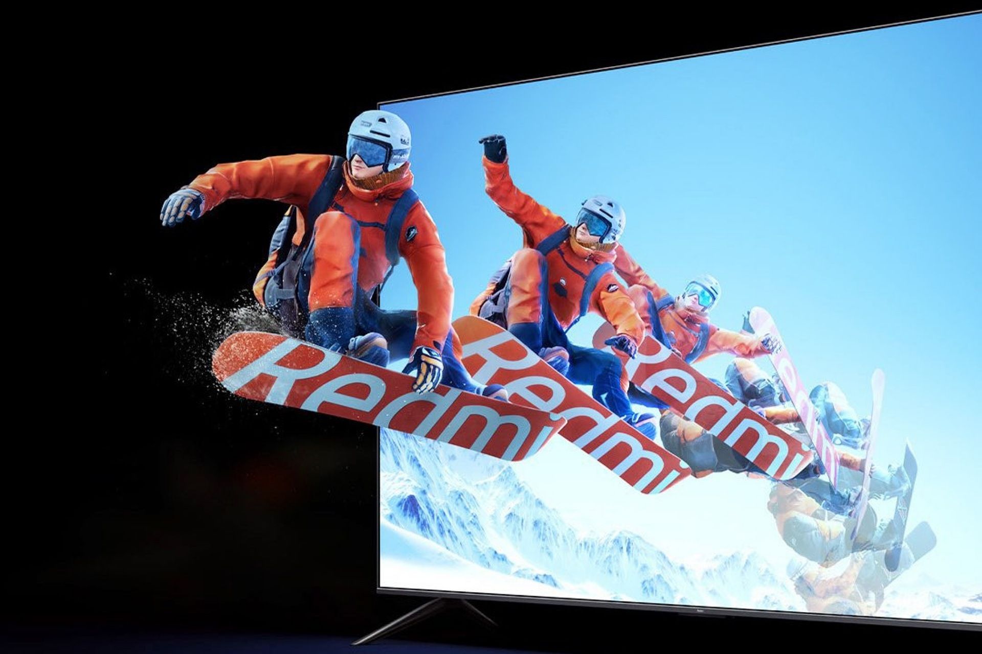 یم مرد اسکی‌باز درحال خروج از تلویزیون ۱۰۰ اینچ شیائومی مدل ردمی مکس