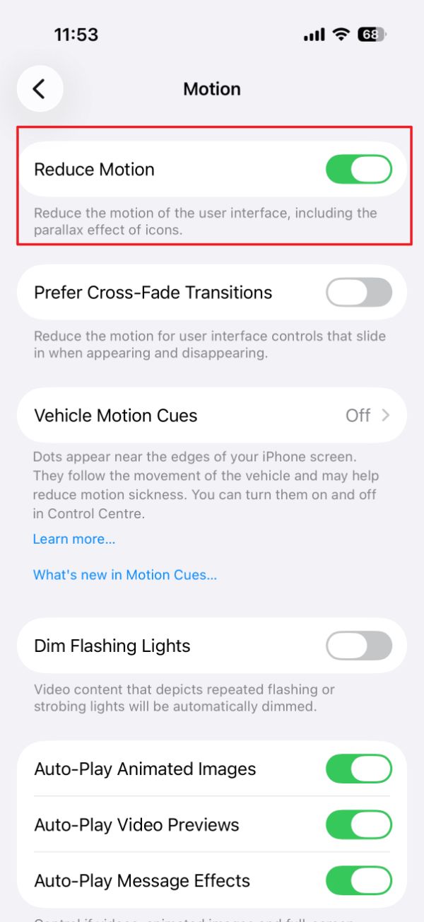 تنظیمات motion در آیفون