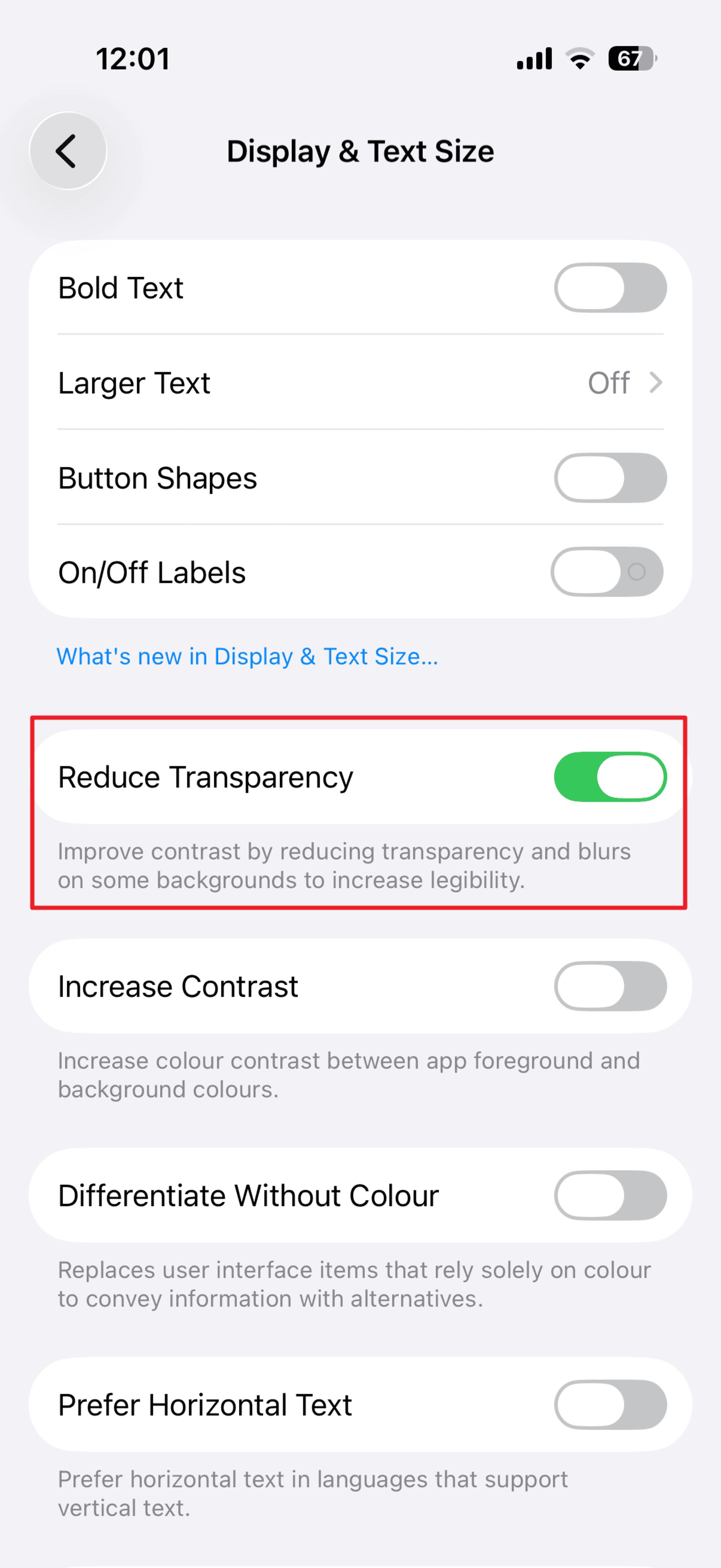 گزینه‌ی Reduce Transparency در تنظیمات آیفون