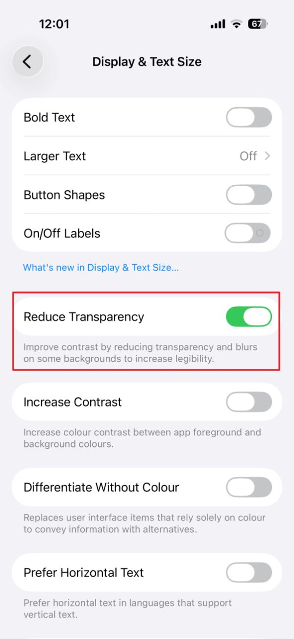 گزینه‌ی Reduce Transparency در تنظیمات آیفون