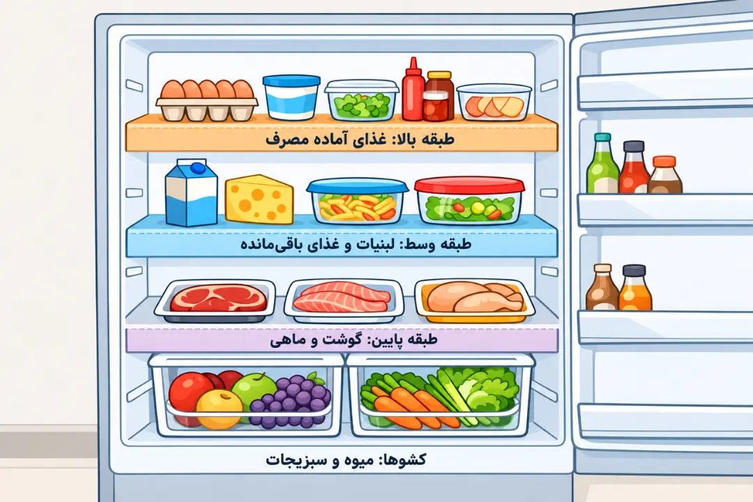 مواد غذایی مختلف مانند تخم‌مرغ، لبنیات، گوشت و میوه در طبقات یخچال