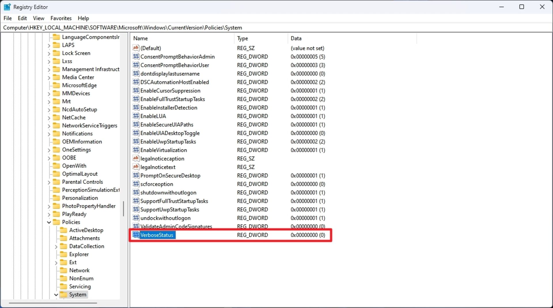 تغییرنام کلید رجیستری ایجاد شده به VerboseStatus