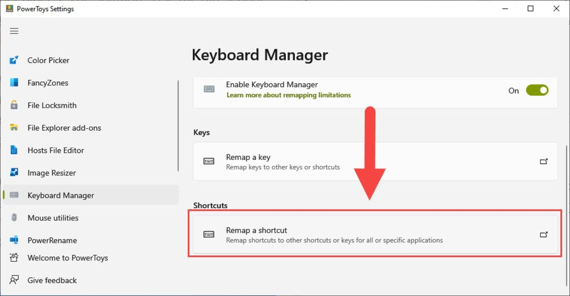 تغییر عملکرد کلید میانبر در PowerToys