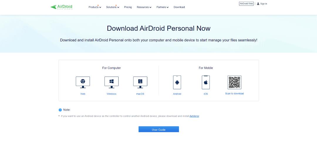 صفحه ابتدایی سایت Airdroid که گزینه های مختلف دانلود را نشان می دهد