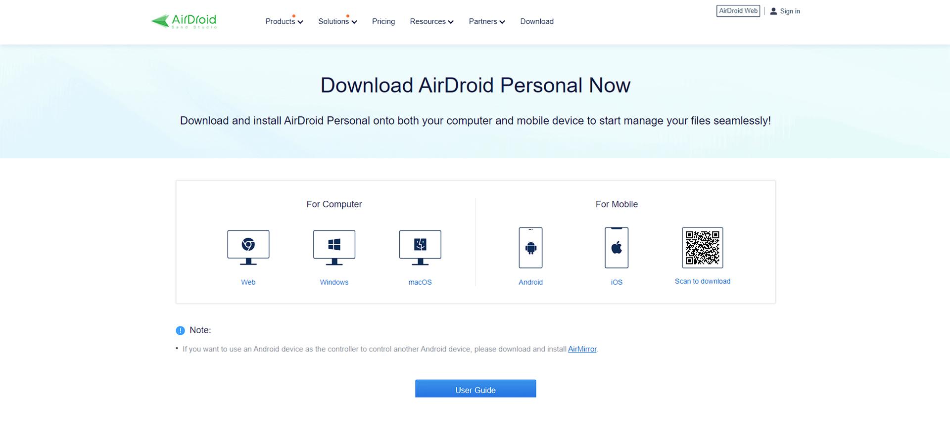 صفحه ابتدایی سایت Airdroid که گزینه های مختلف دانلود را نشان می دهد