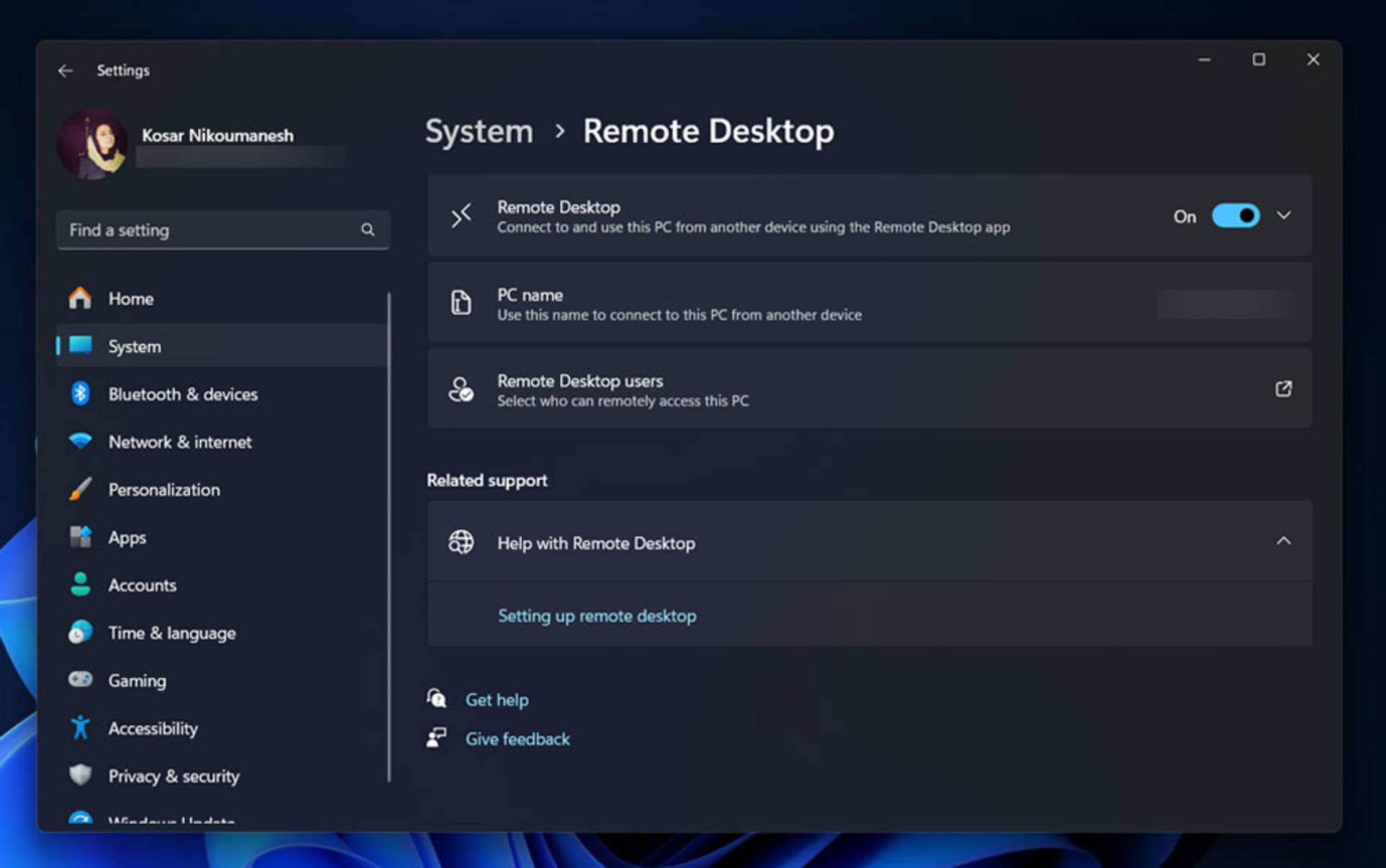 تنظیمات Remote Desktop در ویندوز