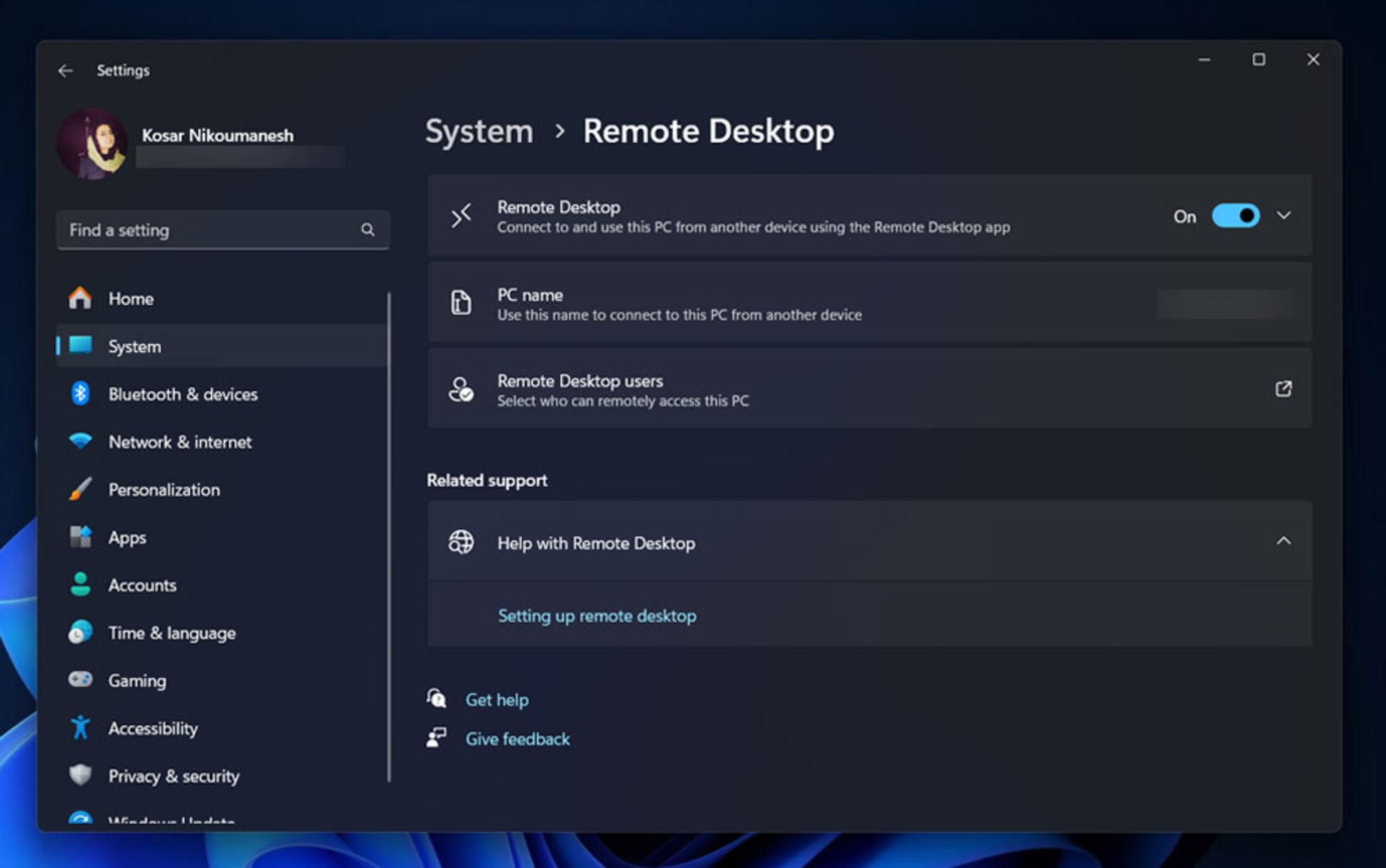 تنظیمات Remote Desktop در ویندوز