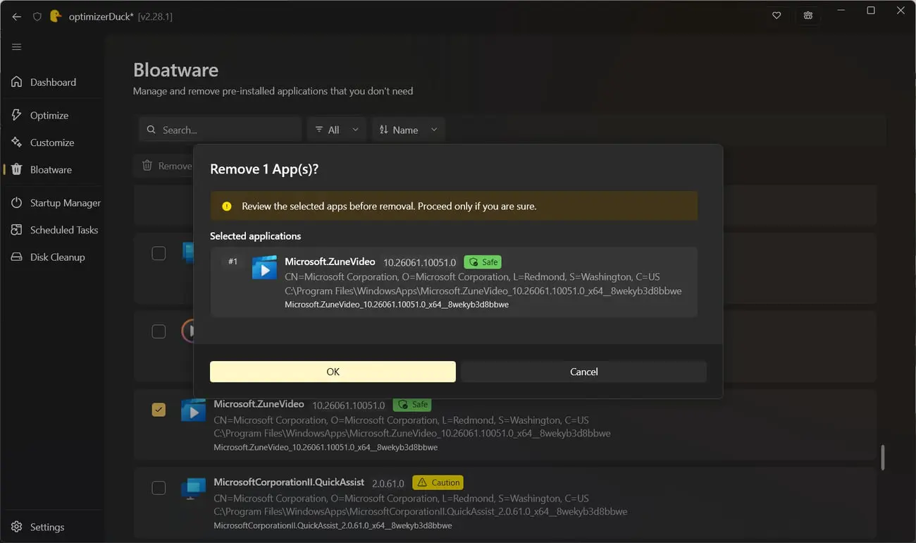 پنجره تأیید حذف اپلیکیشن Microsoft Zune Video در نرم‌افزار optimizerDuck