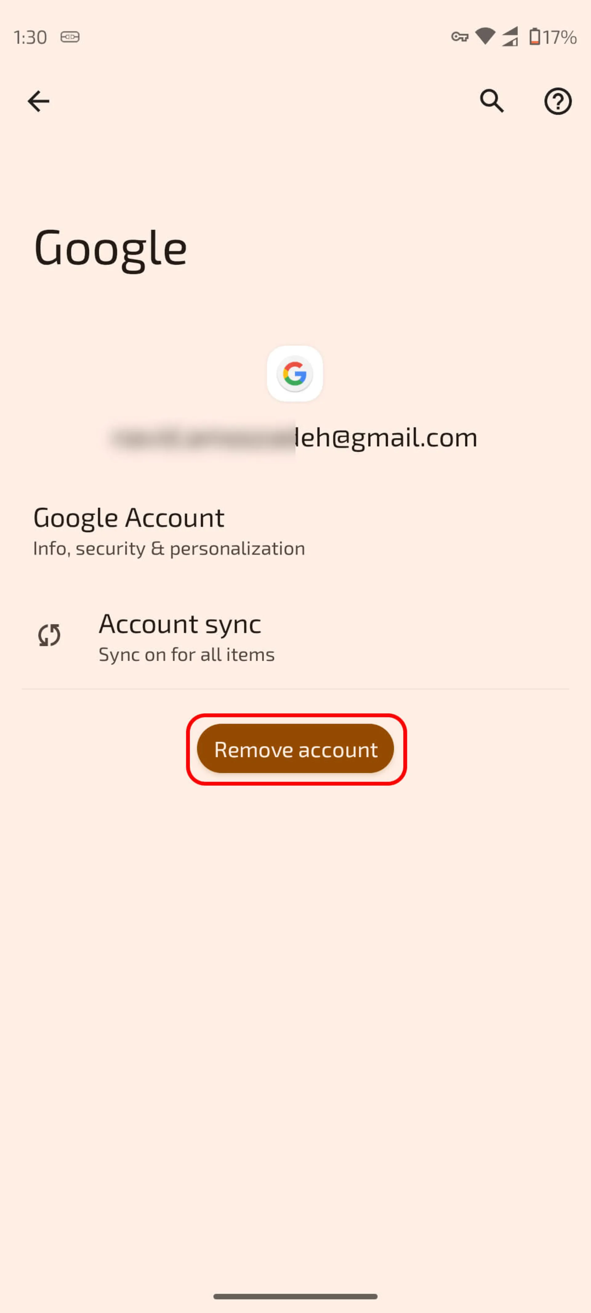 انتخاب Remove account جهت حذف اکانت جیمیل در اندروید