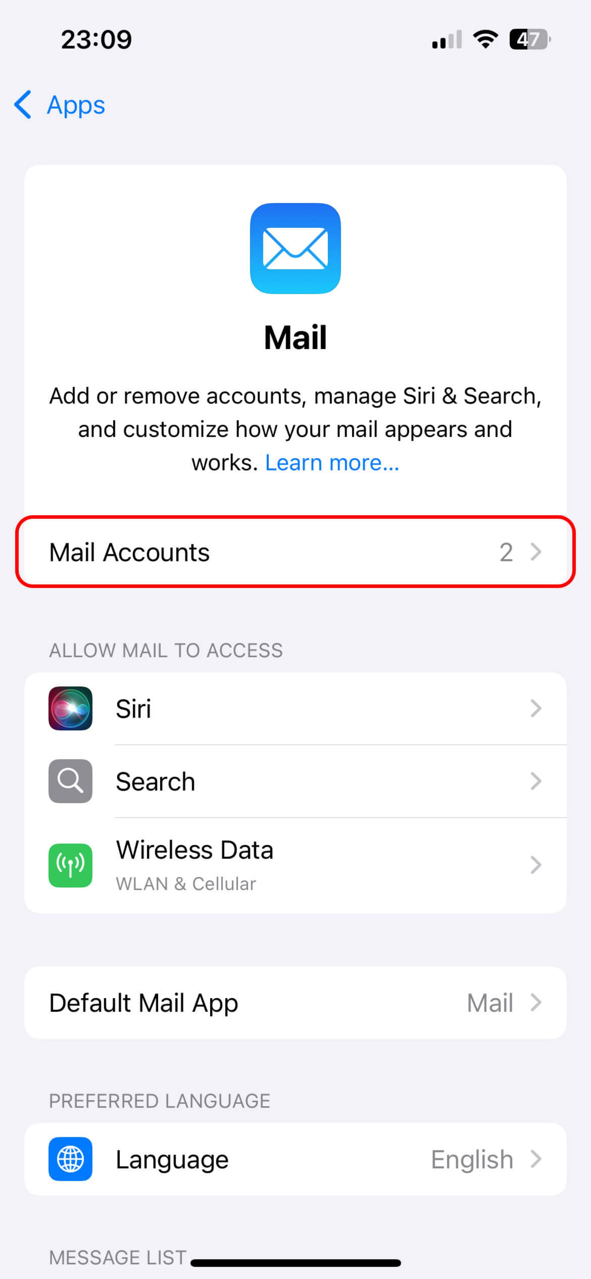 انتخاب Mail Accounts در گوشی آیفون