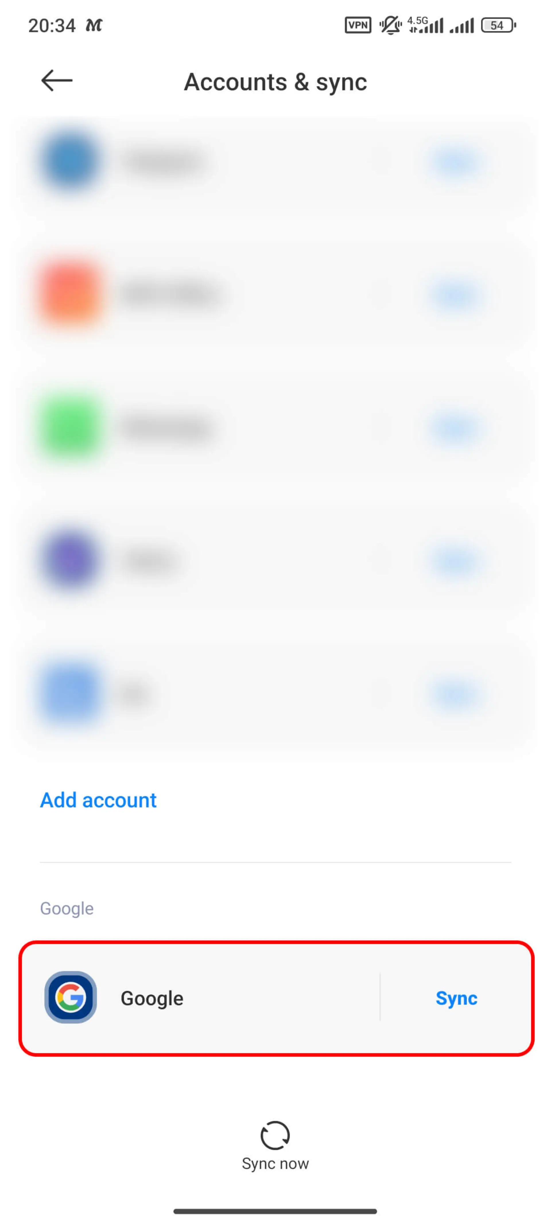 انتخاب حساب گوگل در صفحه Accounts & sync (حساب‌ها و همگام‌سازی)